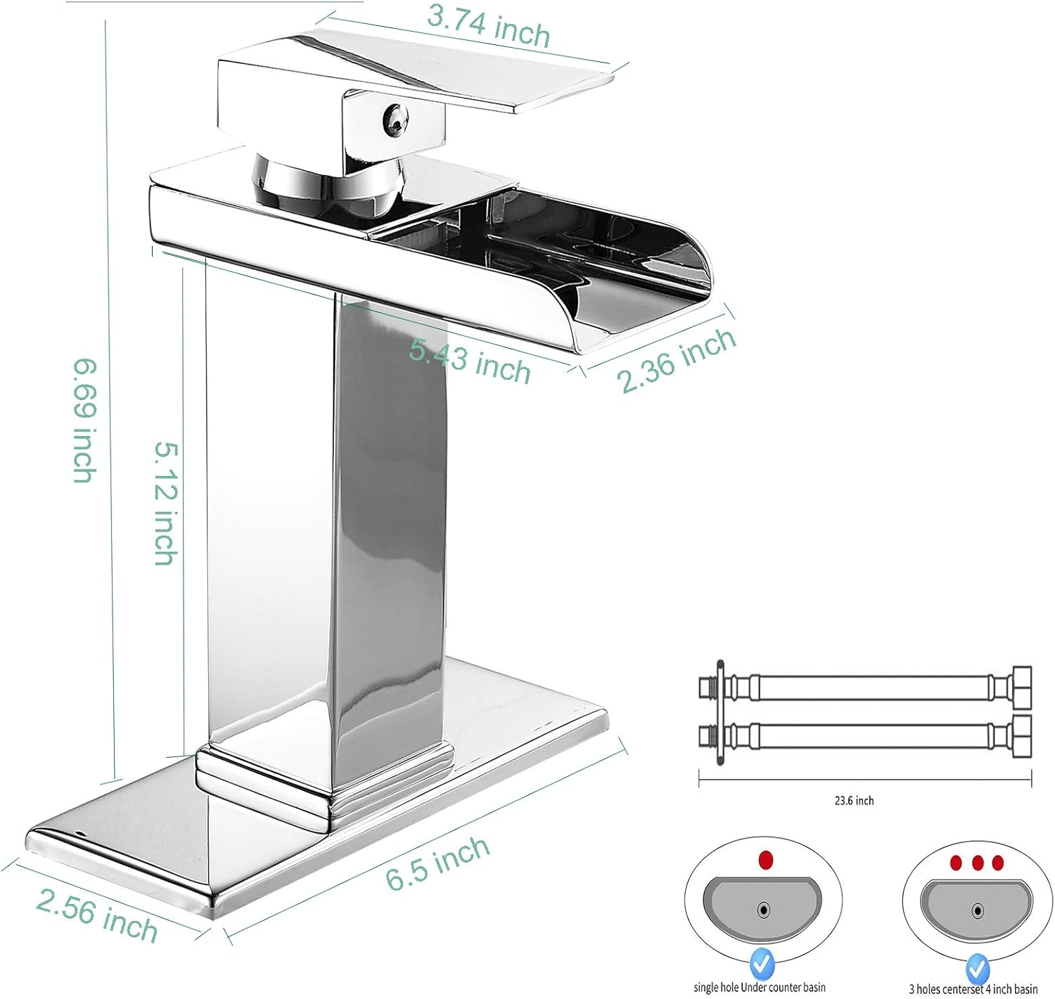 Chrome Bathroom Faucet Waterfall Modern Single Hole One Handle Lavatory Vanity Sink Faucet with Water Supply Hose Deck Mount Commercial