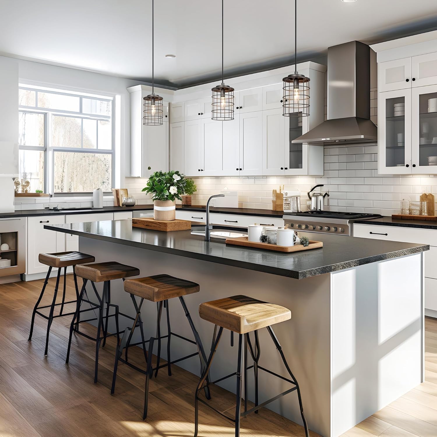 Farmhouse Cage Pendant Light Fixtures, Rustic Industrial Hanging Pendant Lighting with Brushed Finish