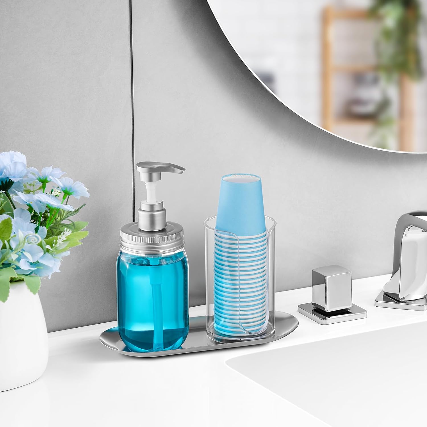 Mouthwash Dispenser for Bathroom, Mouth Wash Pump Bottle with Paper Cup Holder, Plastic 15.2Oz Refillable Clear Mouthwash Container with Stainless Steel Tray