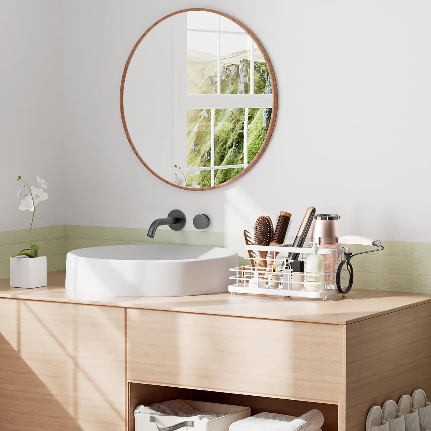 Metal Hair Tool Organizer Wall Mounted, Hair Dryer Holder Basket Storage, Bathroom Sink Organizer Countertop for Vanity Makeup Brush/Hair Straightener/Styling Tools, White, Stand