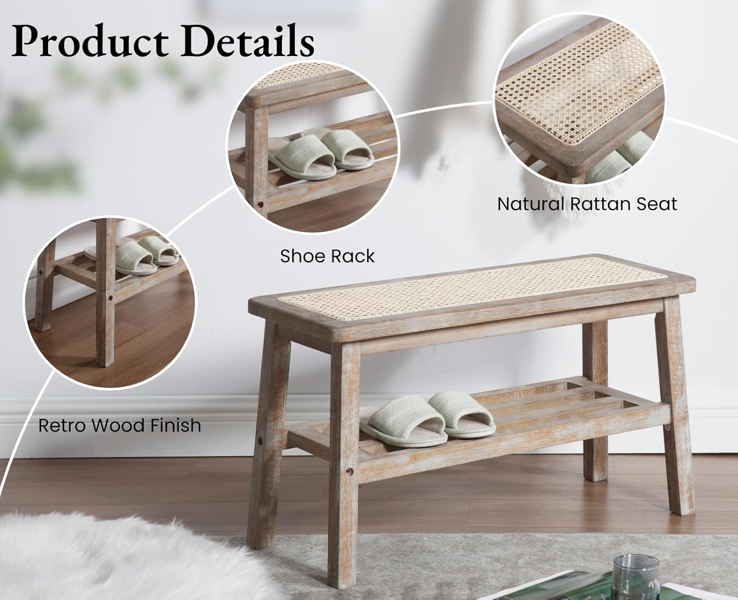 Rattan Entryway Bench with Storage Wood Shoe Rack Bench Farmhouse 2 Tier Storage Shoe Bench Mid Century Small Window Bench with Cane Seat