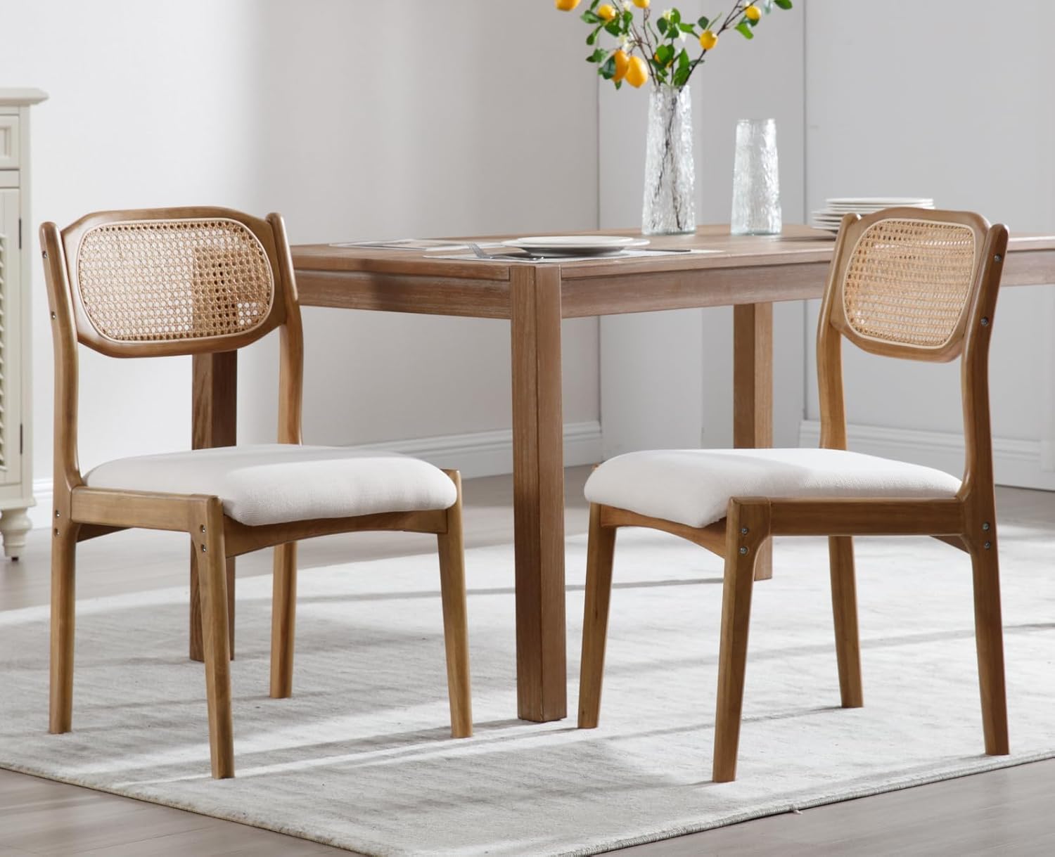 Modern Mid Century Wood Dining Room Chairs with Cane Back Upholstered Linen Kitchen Side Chairs