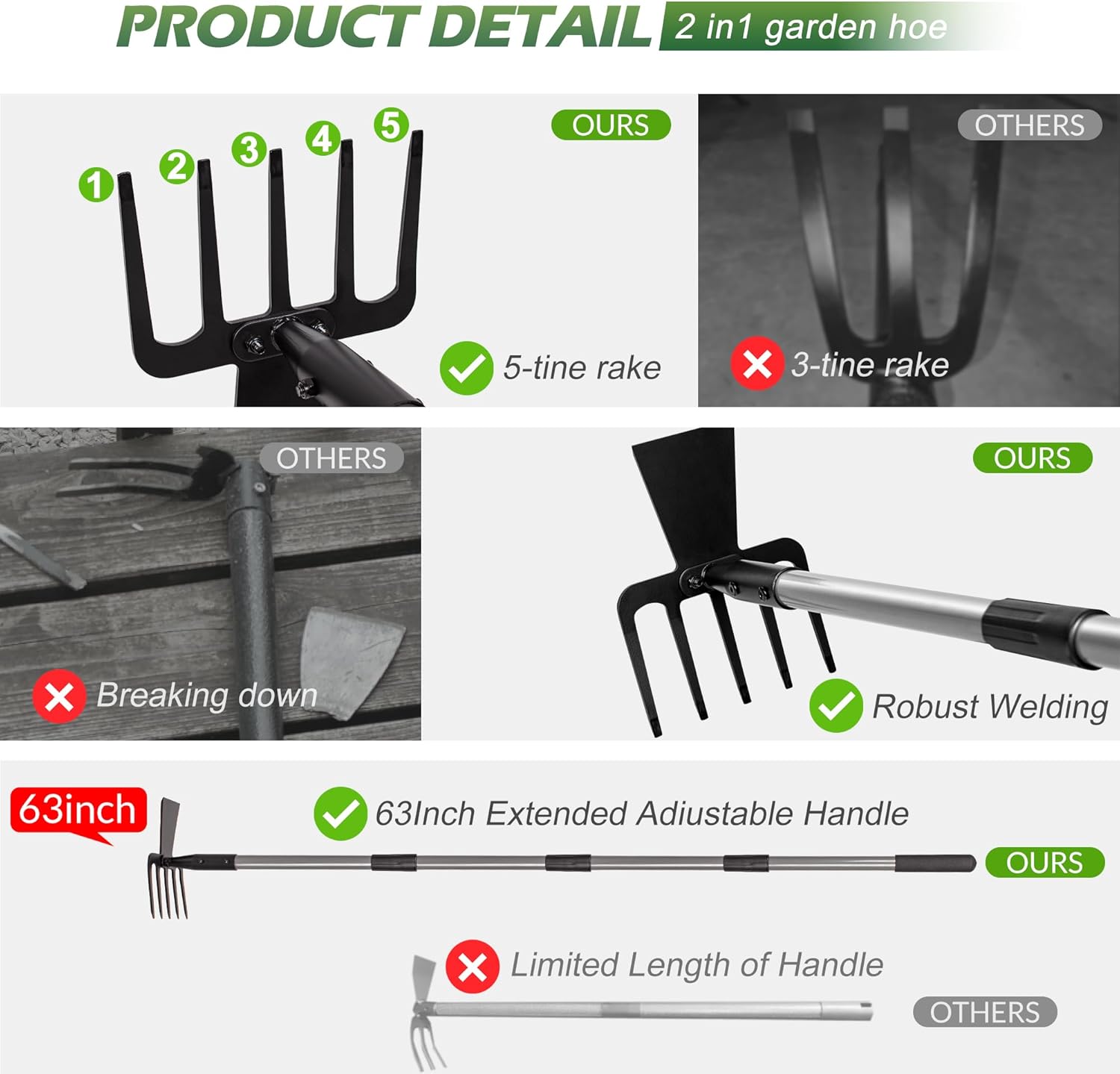 2 in 1 Hoe Garden Tool, 63 Inch Garden Hoe Cultivator and 5-Tines Rake with 37-63 Inch Adjustable Long Handle