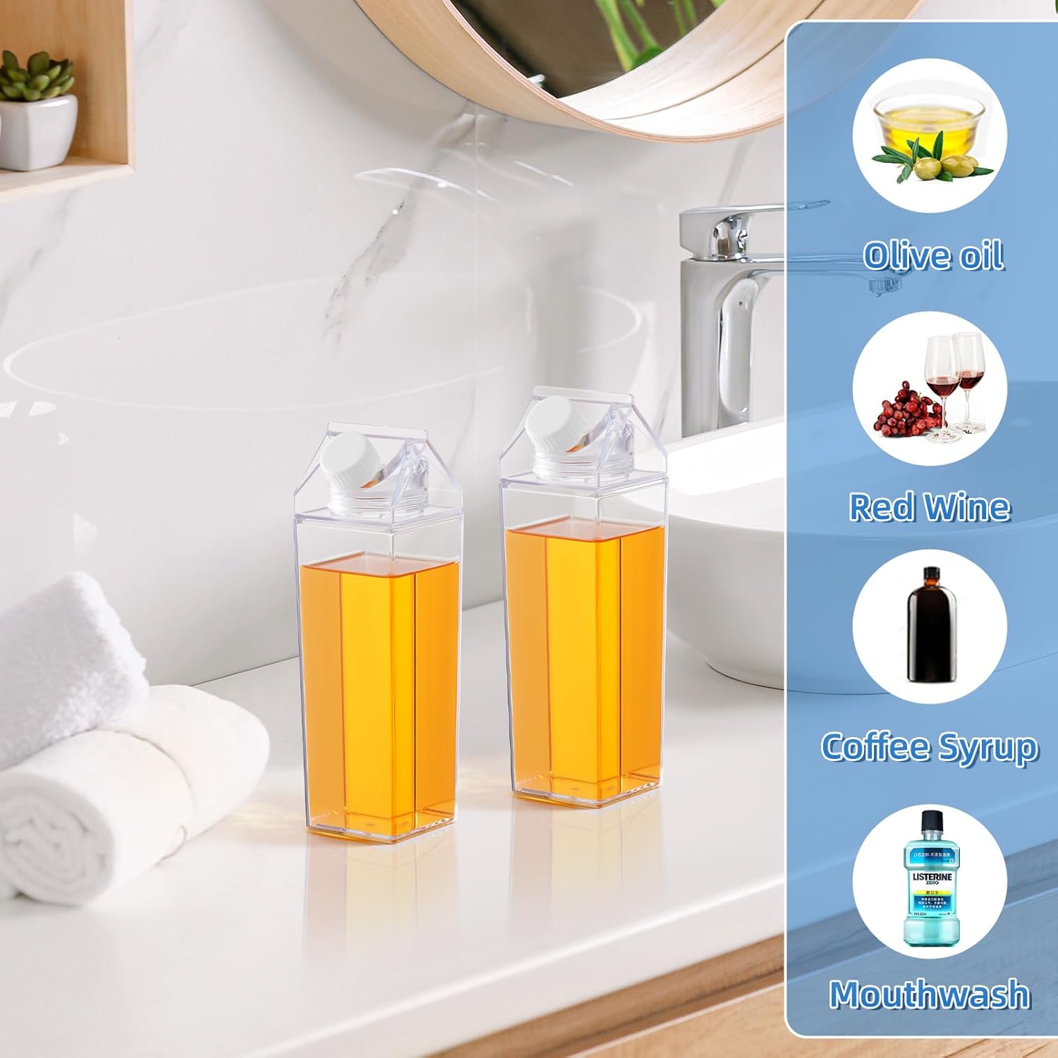 Plastic Mouthwash Dispenser for Bathroom, Mouth Wash Container with 2 Glass Cups, Lid 17OZ Clear Refillable Mouthwash Bottle Decanter, Set of 2, Square