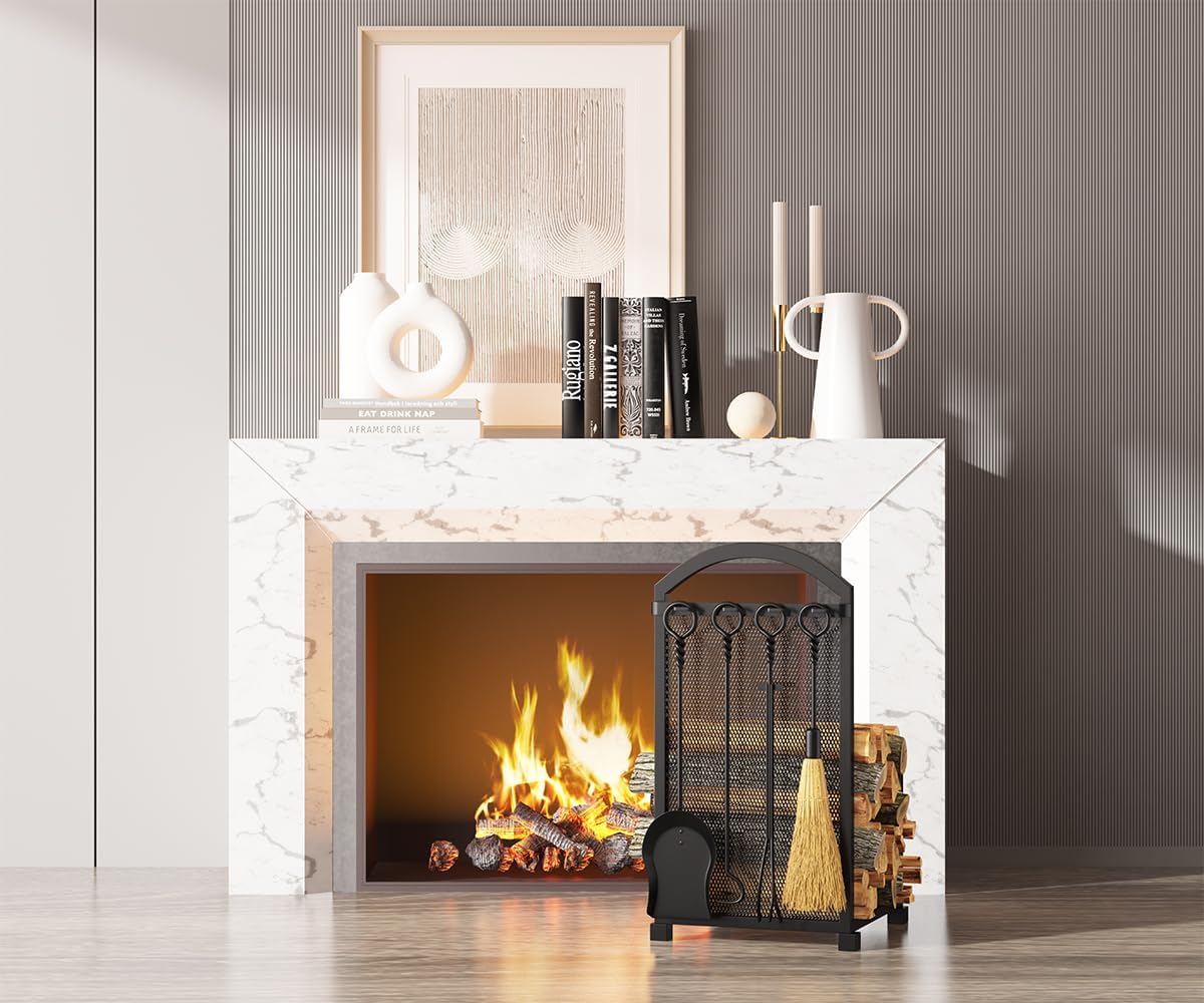 Fireplace Log holder with Fireplace Tools, Wrought Iron Indoor Stove Accessories Firewood Rack Holder Lumber Storage Stacking Log Holder