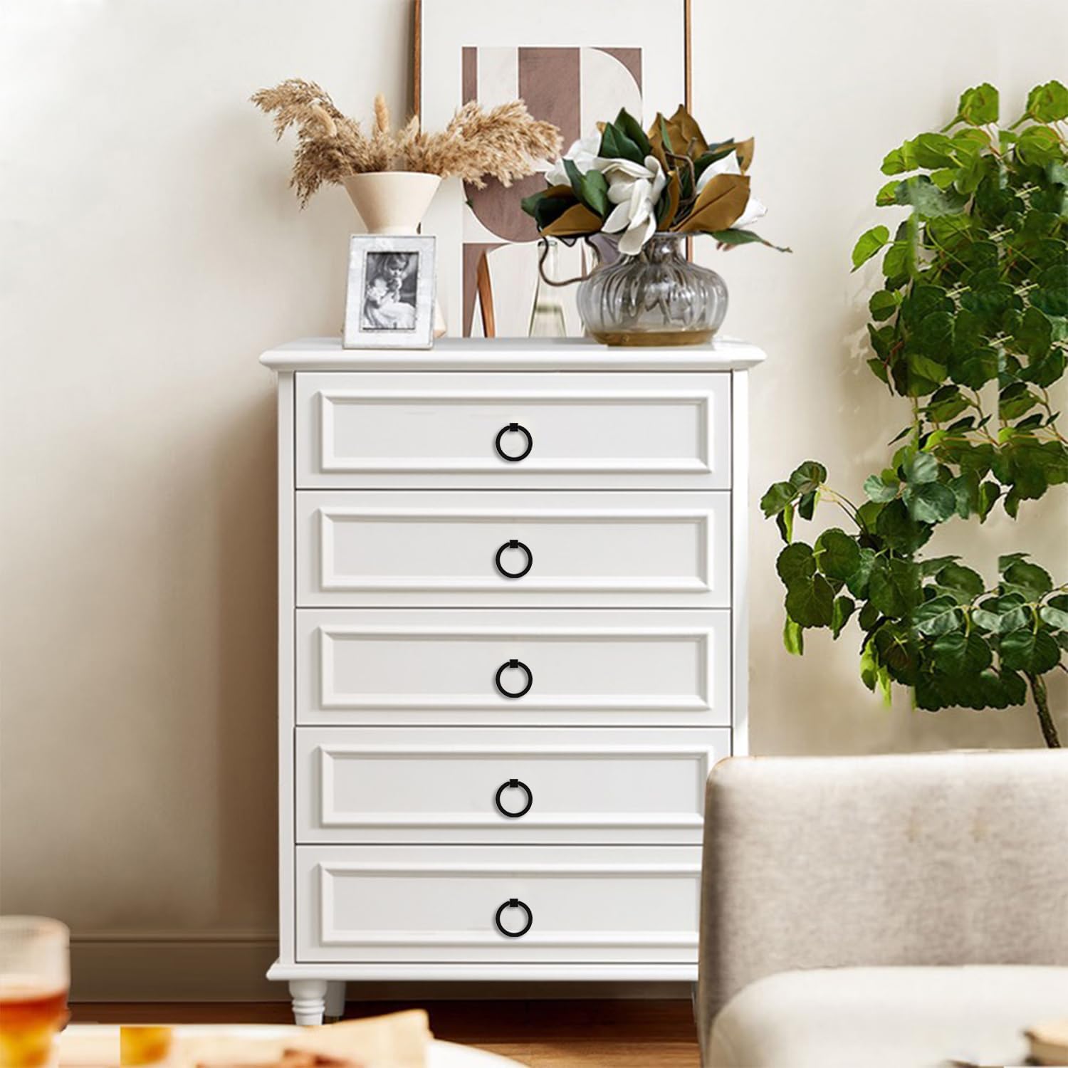 8Pcs 2.0" x 1-7/8" Solid Brass Pulls for Dresser Drawer Ring Pulls Furniture Hardware Black Kitchen Cabinet Pulls