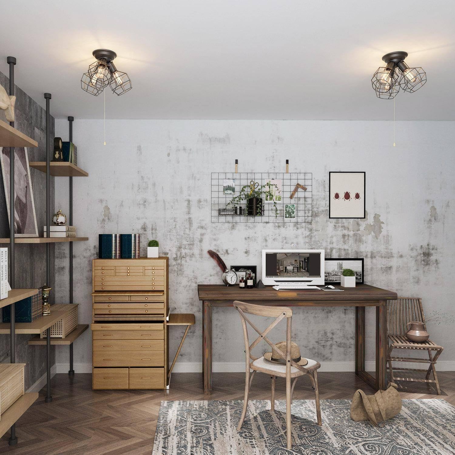 Farmhouse Semi Flush Mount Ceiling Light Fixture, Black Industrial 3-Light Cage Ceiling Light Fixture with Pull Chain