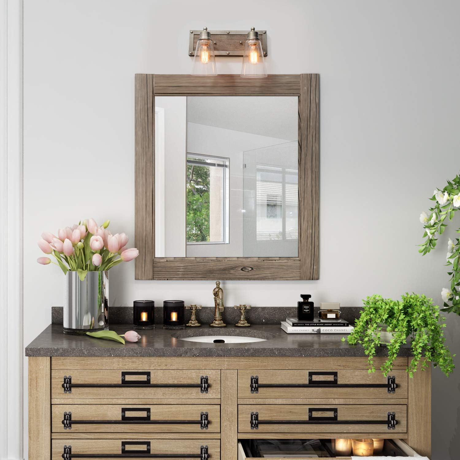 2 Lights Bathroom Lighting in Real Distressed Wood and Brushed Antique Silver Finish with Cone Clear Glass Shades