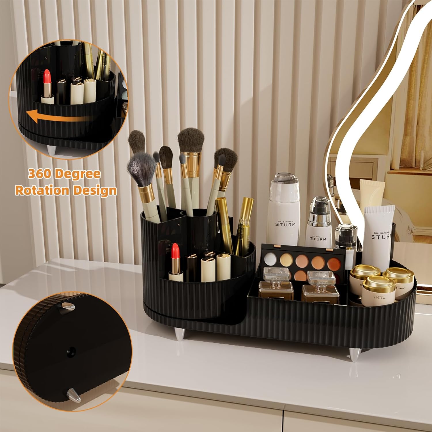 Makeup Organizer Countertop for Vanity, 360 Rotating Cosmetic Makeup Brush Holder Storage, Plastic Large Skincare Display Case Organizer for Lotion, Lipsticks, Perfume (black)