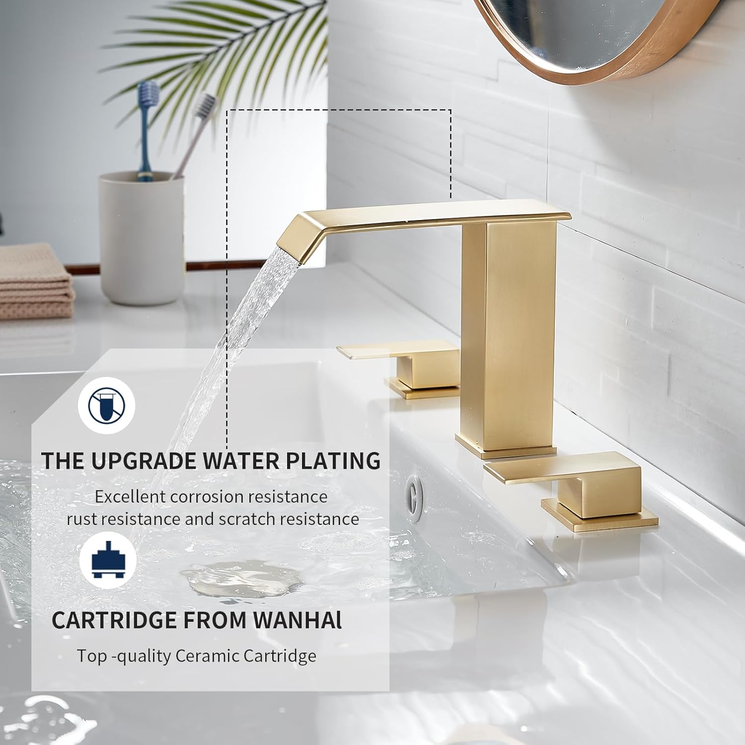Bathroom Faucet 2 Handles 3 Hole Waterfall Brushed Gold Bathroom Faucets Widespread 8-16 inch Basin Sink Faucet Brass Lavatory Vanity with Pop Up Drain 2 Hot/Cold Supply Hoses Commercial Deck Mounted