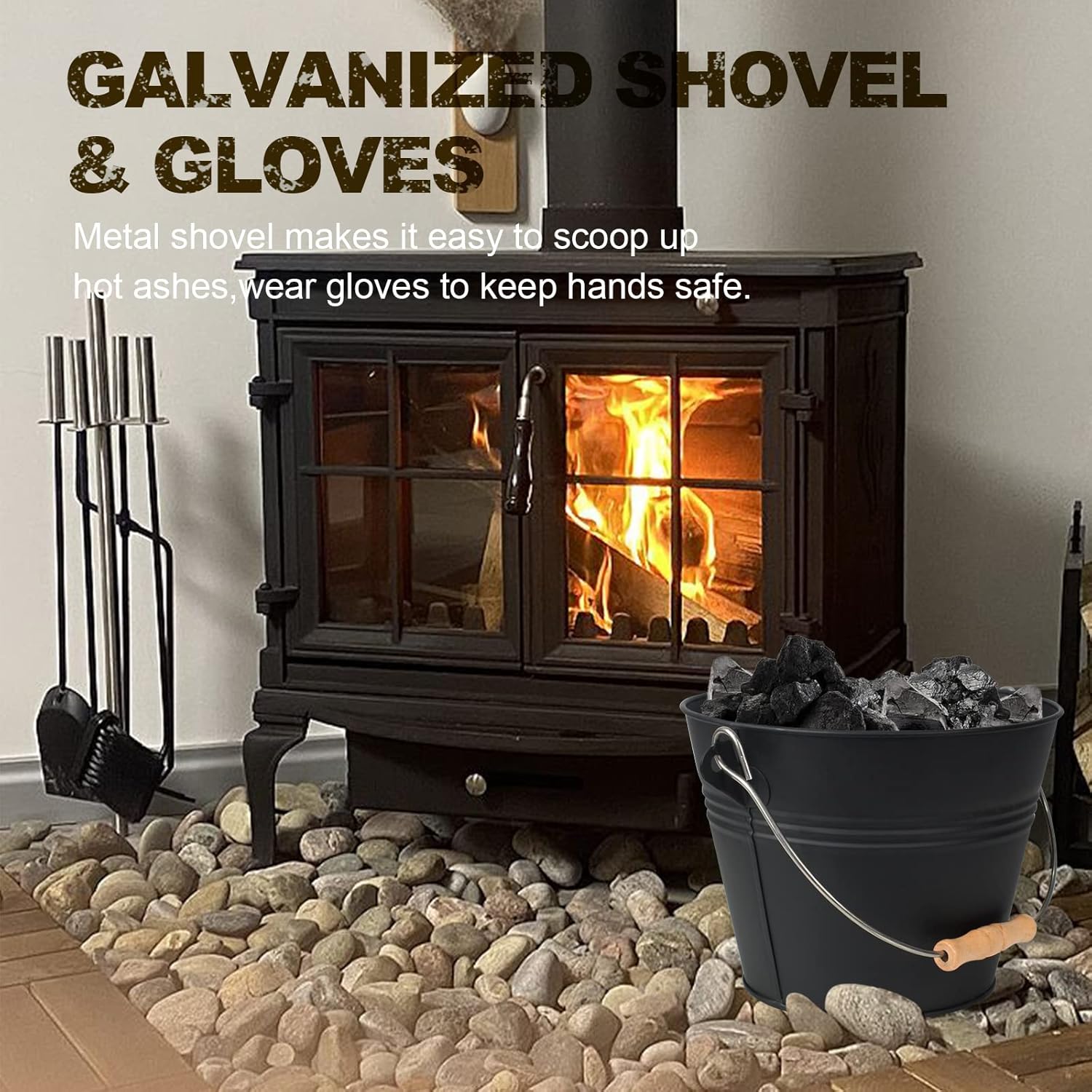 Ash Bucket with Lid, 1.3 Gallon Ash Bucket for Fireplace, Metal Fireplace Bucket for Ashes Includes Shovel