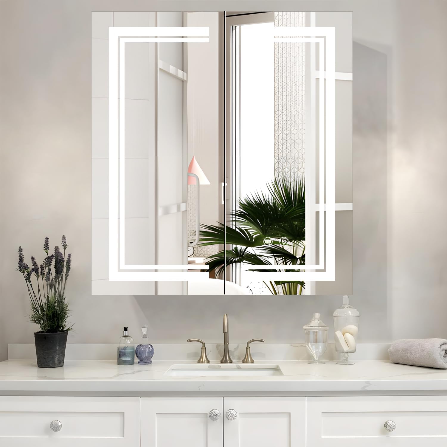 36×32inch Medicine Cabinet with Lights,Lighted Medicine Cabinet,3 Colors&Dimmable,Demister,Internal Light,USB Shaver Socket,Resisitent to Corrosion