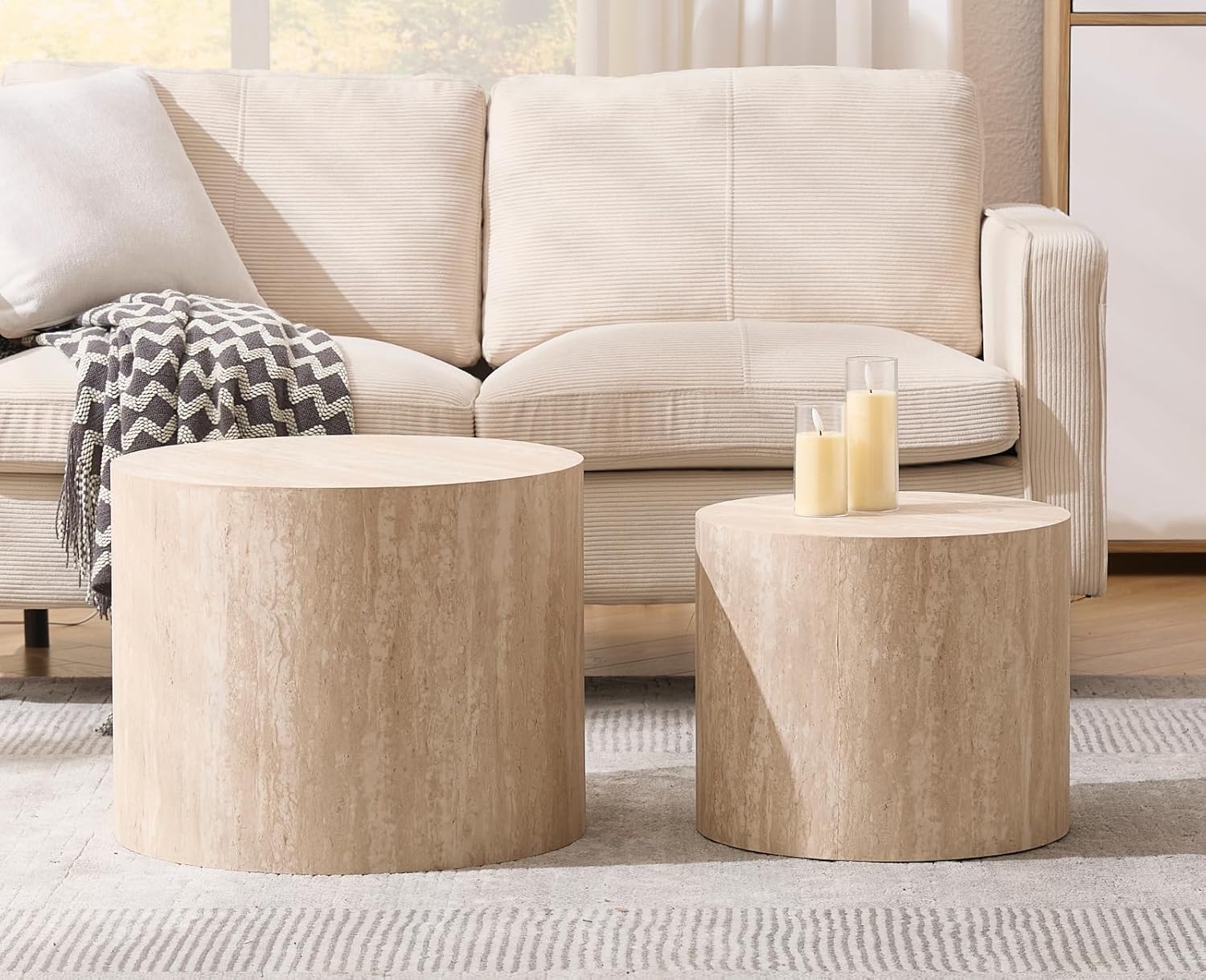 Nesting Coffee Table Set of 2 Modern Round Wood Coffee Table Circle Fluted End Tables Accent Tables for Small Space