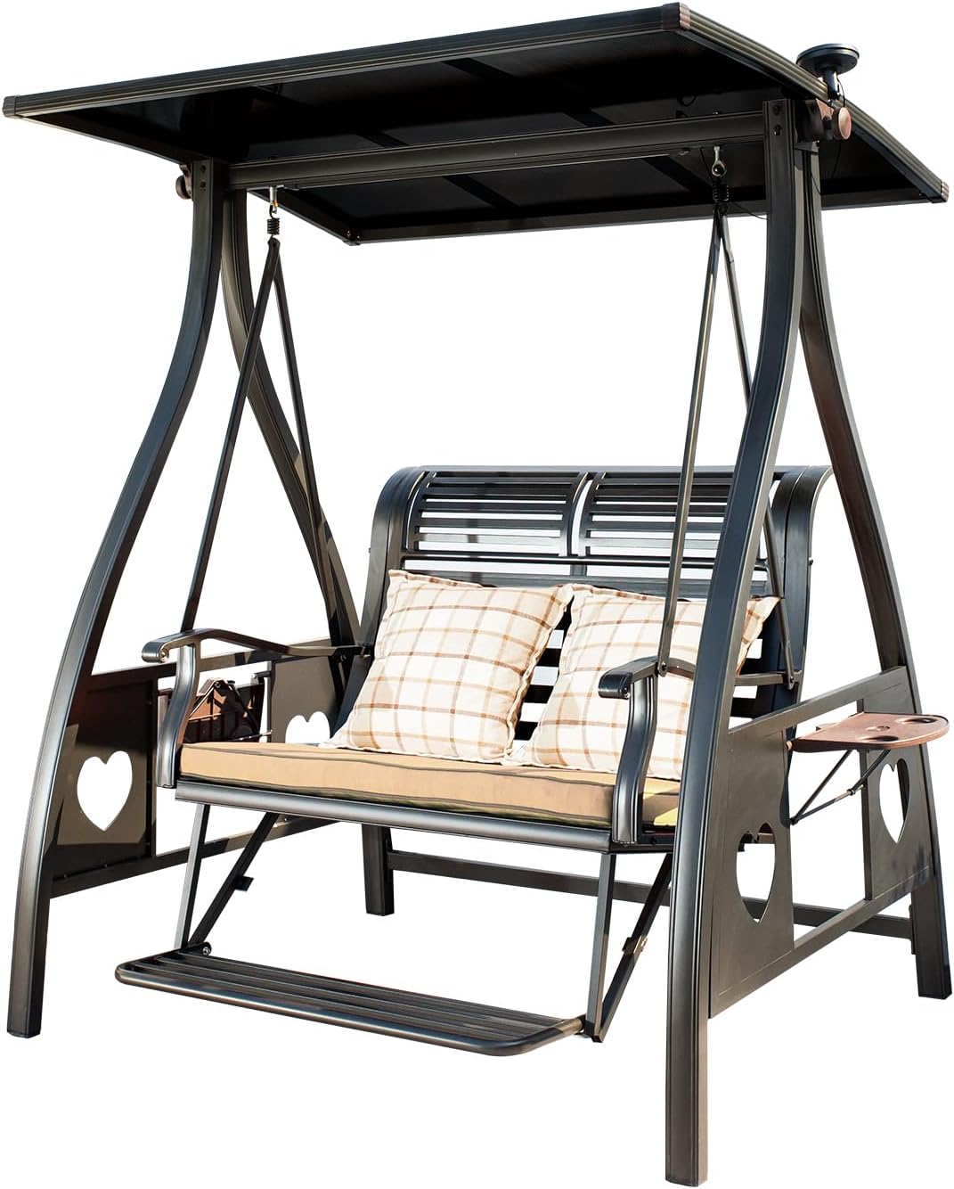 2/3-Seat Solar Patio Porch Swing with Adjustable Tilt Canopy Aluminum Frame Patio Swing Chair Outdoor Swing Bed