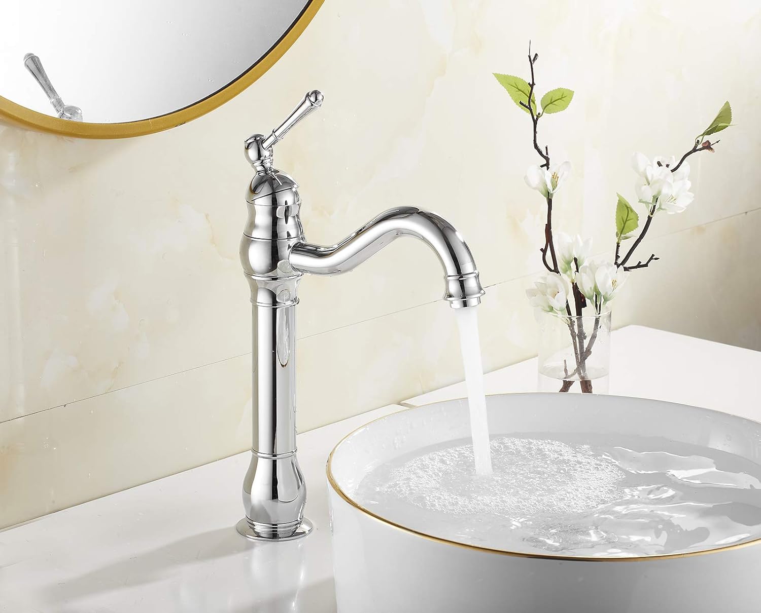 360° Swivel Spout Bathroom Vessel Sink Faucet Chrome Single Handle Tall Body Lavatory Vanity Faucet one Hole Bowl Sink Mixer Tap Commercial