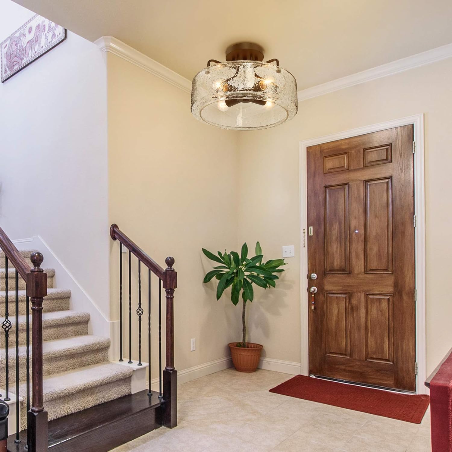 Semi Flush Mount Ceiling Light with Seeded Glass Shade