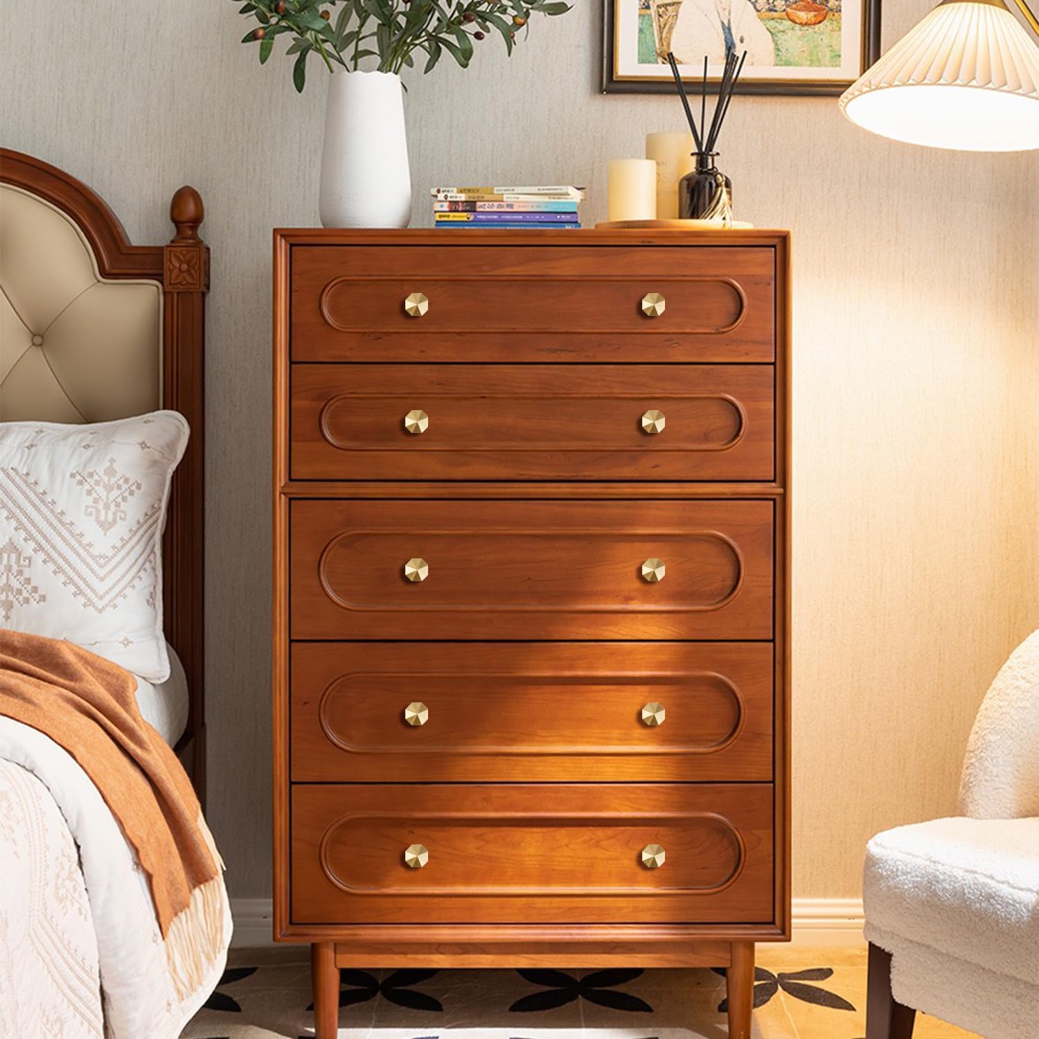 Solid Brass Knobs Beautiful Brushed Gold Kitchen Cabinet Knobs Contemporary Euro Style Dresser Drawer Knob Handles (8Pack Diameter:0.94"(24mm))