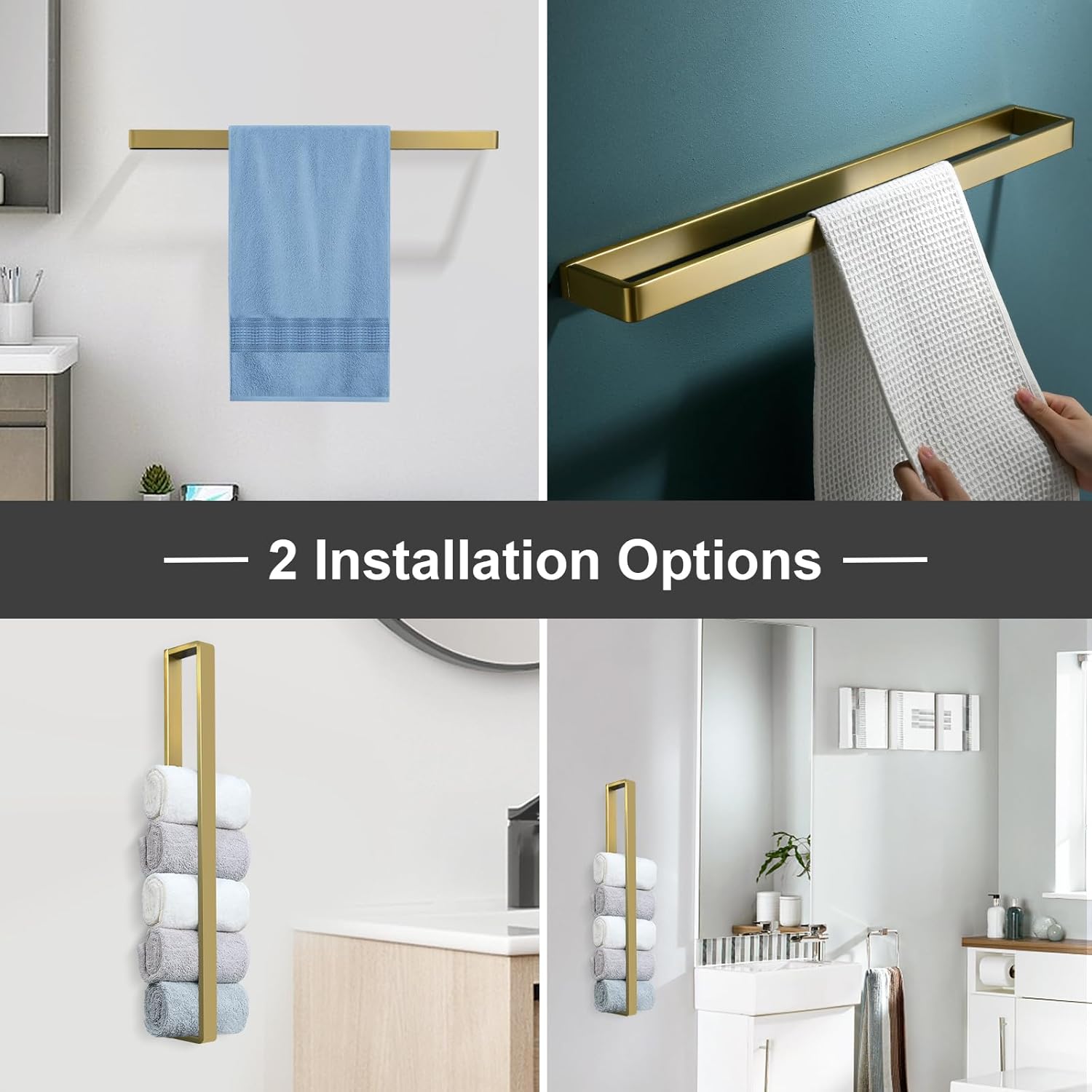 Bathroom Towel Bar Brushed Gold, 23.6 Inch 304 Stainless Steel Bath Accessories Towel Rack Hanger, Bathroom Kitchen Square Hand Towel Holder Wall Mounted