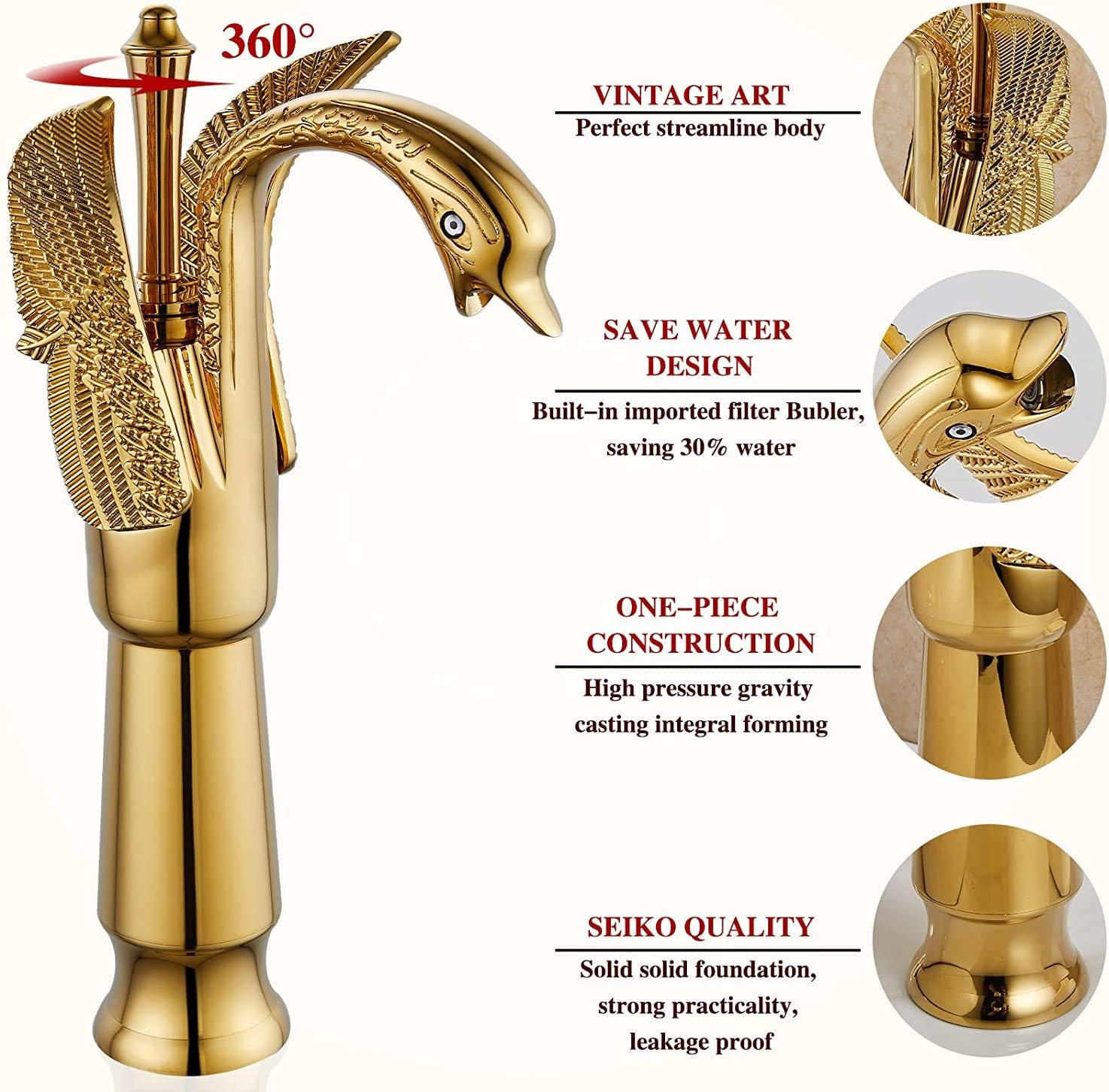 Bathroom Vessel Sink Faucet Gold Swan Single Handle One Hole Tall Bathroom Faucet for Bowl Sink Faucet Deck Mount Lavatory Sink Faucet