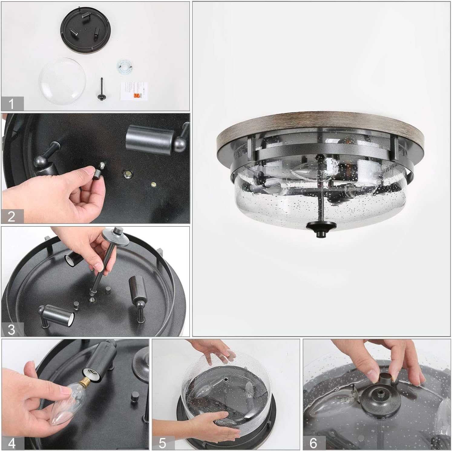 Flush Mount Ceiling Light, Farmhouse Light Fixtures Ceiling with Faux Wood Finish and Seeded Glass Cover