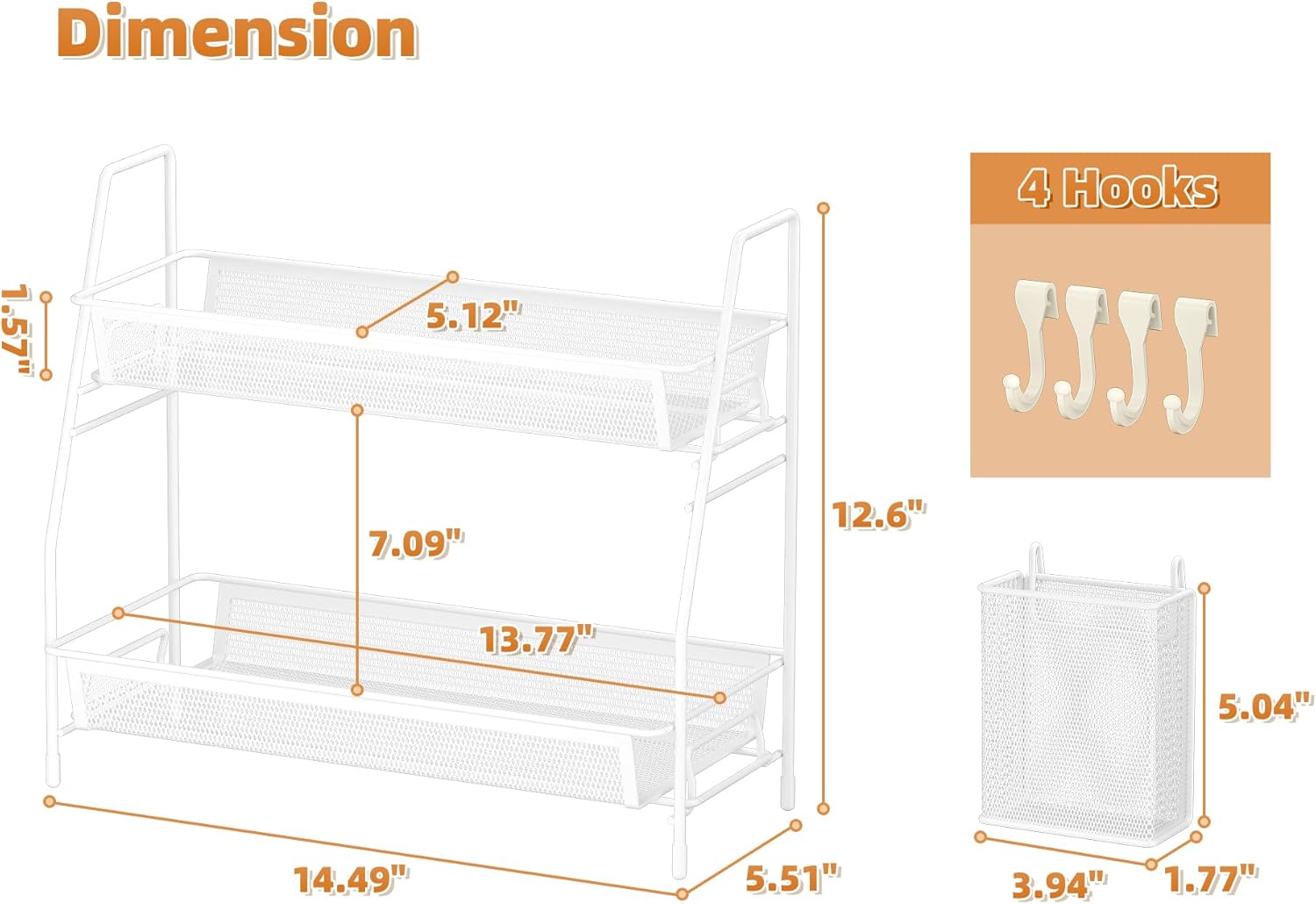 2-Tier Bathroom Organizer Countertop, Metal Wire Mesh Bathroom Counter Organizer Storage with Basket Hooks, Vanity Tray Shelf, Kitchen Spice Rack, White