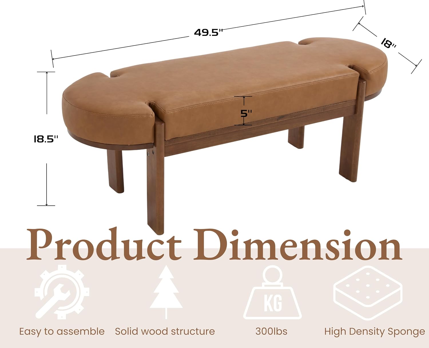 49 Inch Modern Bedroom Bench Upholstered End of Bed Bench Wood Entryway Bench with Fabric Padded Seat and Wooden Legs Window Bench