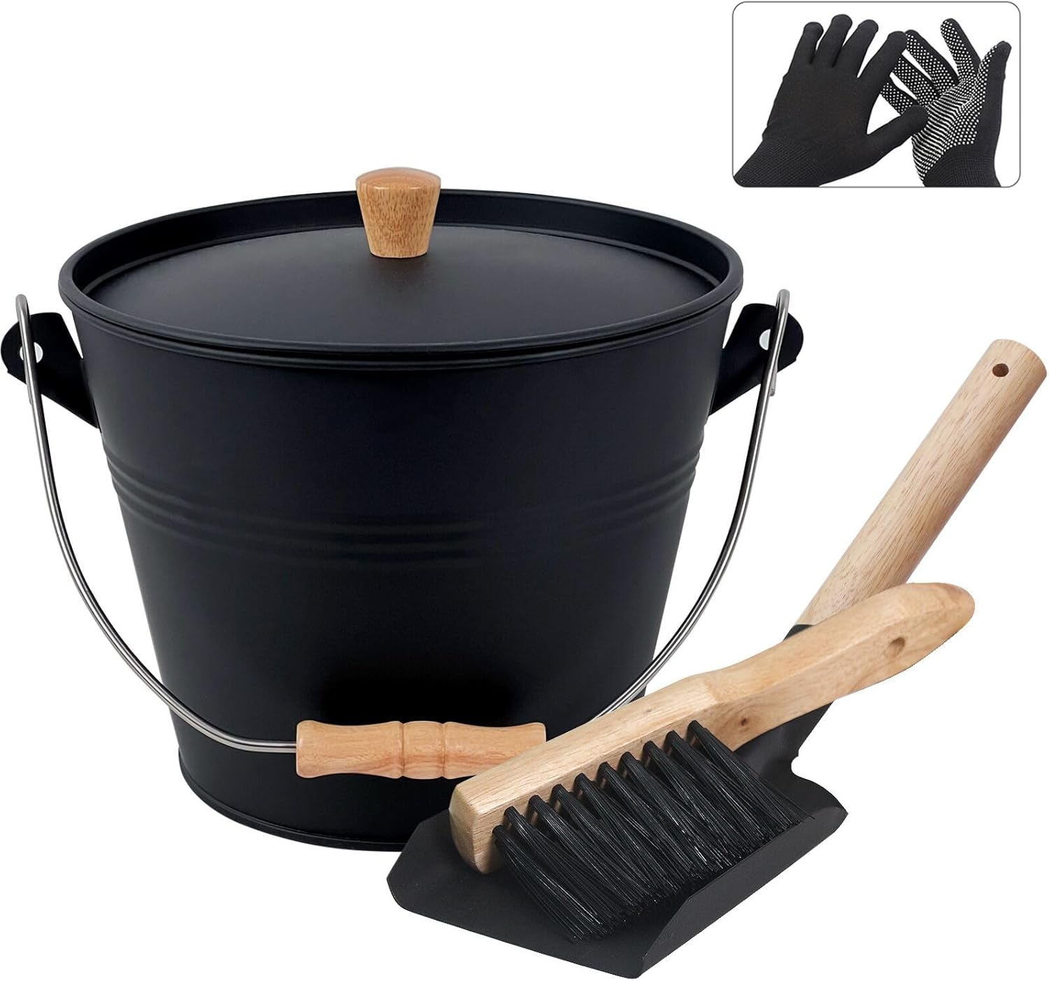 Ash Bucket with Lid, 1.3 Gallon Ash Bucket for Fireplace, Metal Fireplace Bucket for Ashes Includes Shovel