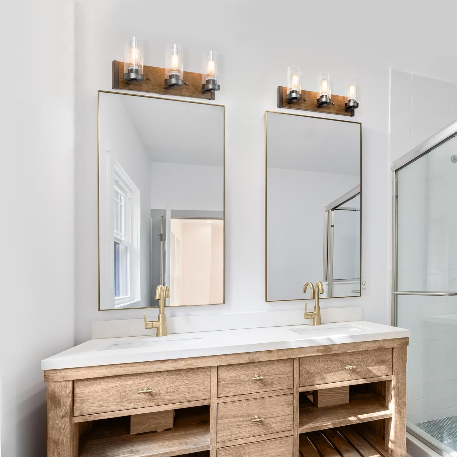 3 Light Farmhouse Vanity Lights for Bathroom with Clear Textured Glass Lampshade