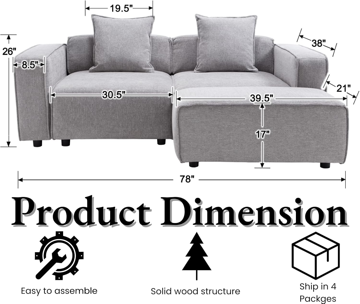 78" Loveseat Modular Sectional Sofa Couch with Ottoman Oversized Deep Seat Sofas Chenille Sleeper Couch Comfy Modern Love Seat Couches