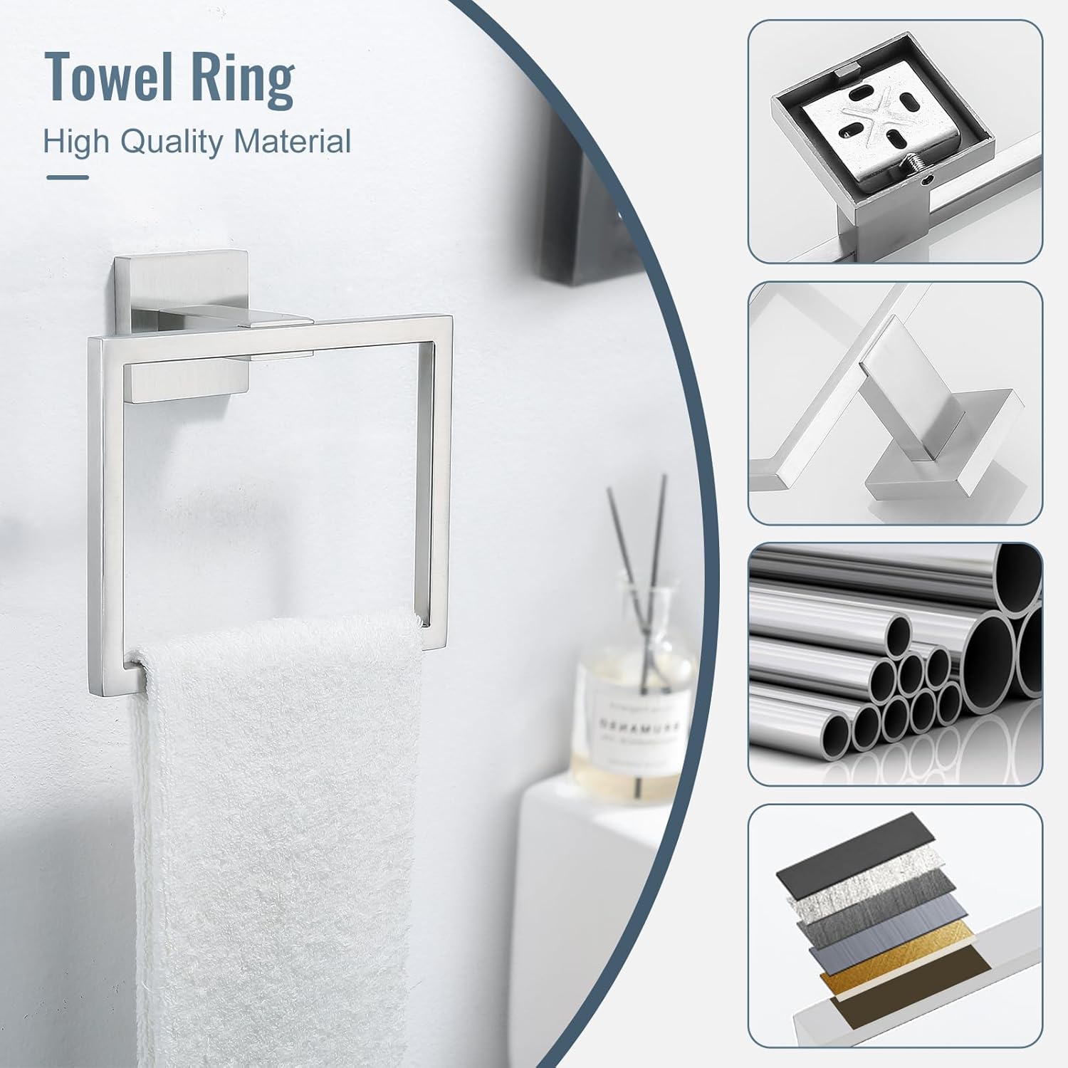 Towel Holder Bathroom Towel Ring, Brushed Nickel Hand Towel Bar, Stainless Steel Towel Rack Wall Mounted, Square Towel Hanger for Kitchen Lavatory