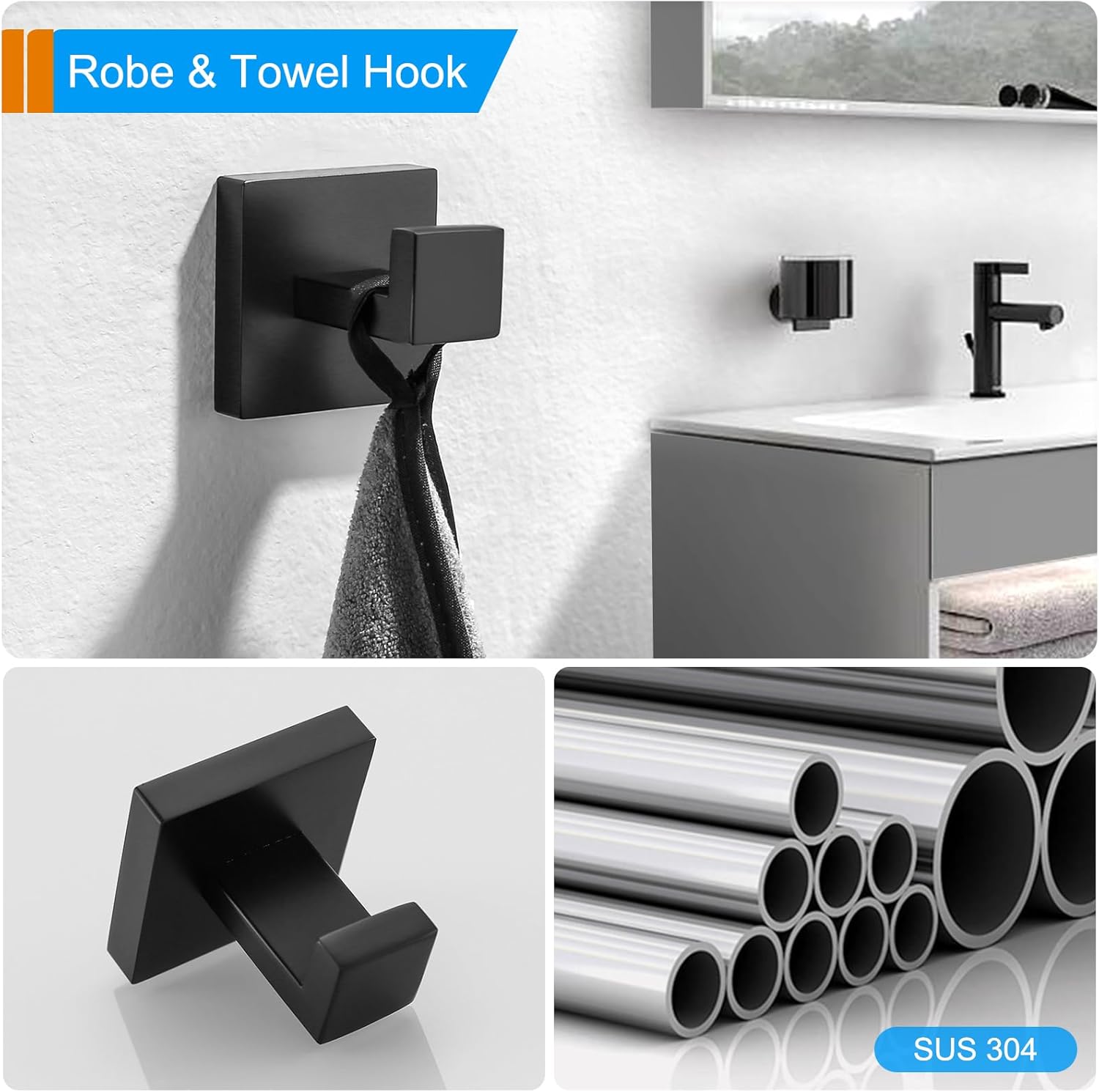 Towel Hooks Black, 2 Pieces Robe Coat and Clothes Hooks Hanger, Stainless Steel Heavy Duty Wall Hooks for Bathroom Kitchen Bedroom