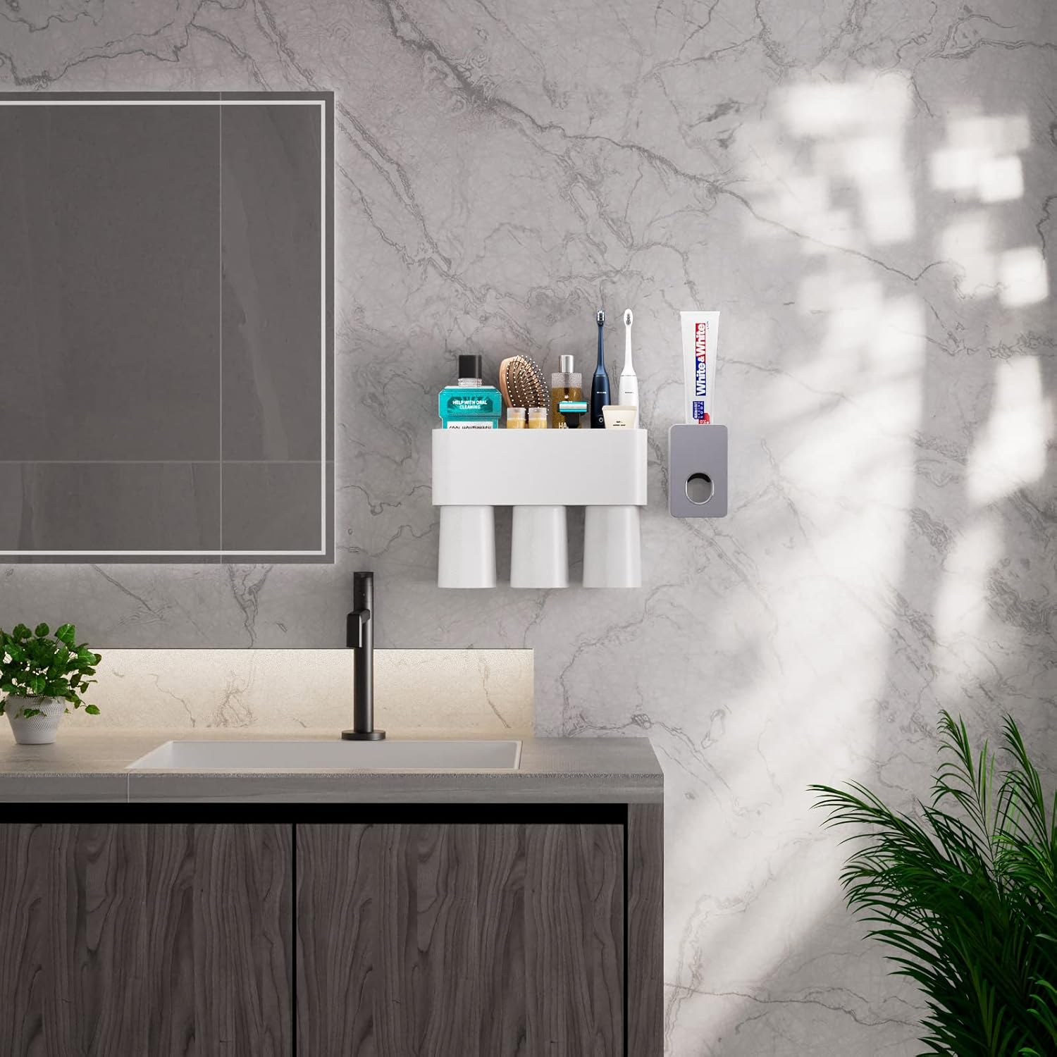 Toothbrush Holders for Bathrooms, Toothbrush Holder and Toothpaste Dispenser Wall Mounted, Automatic Plastic Tooth Brushing Holder with 3 Cups