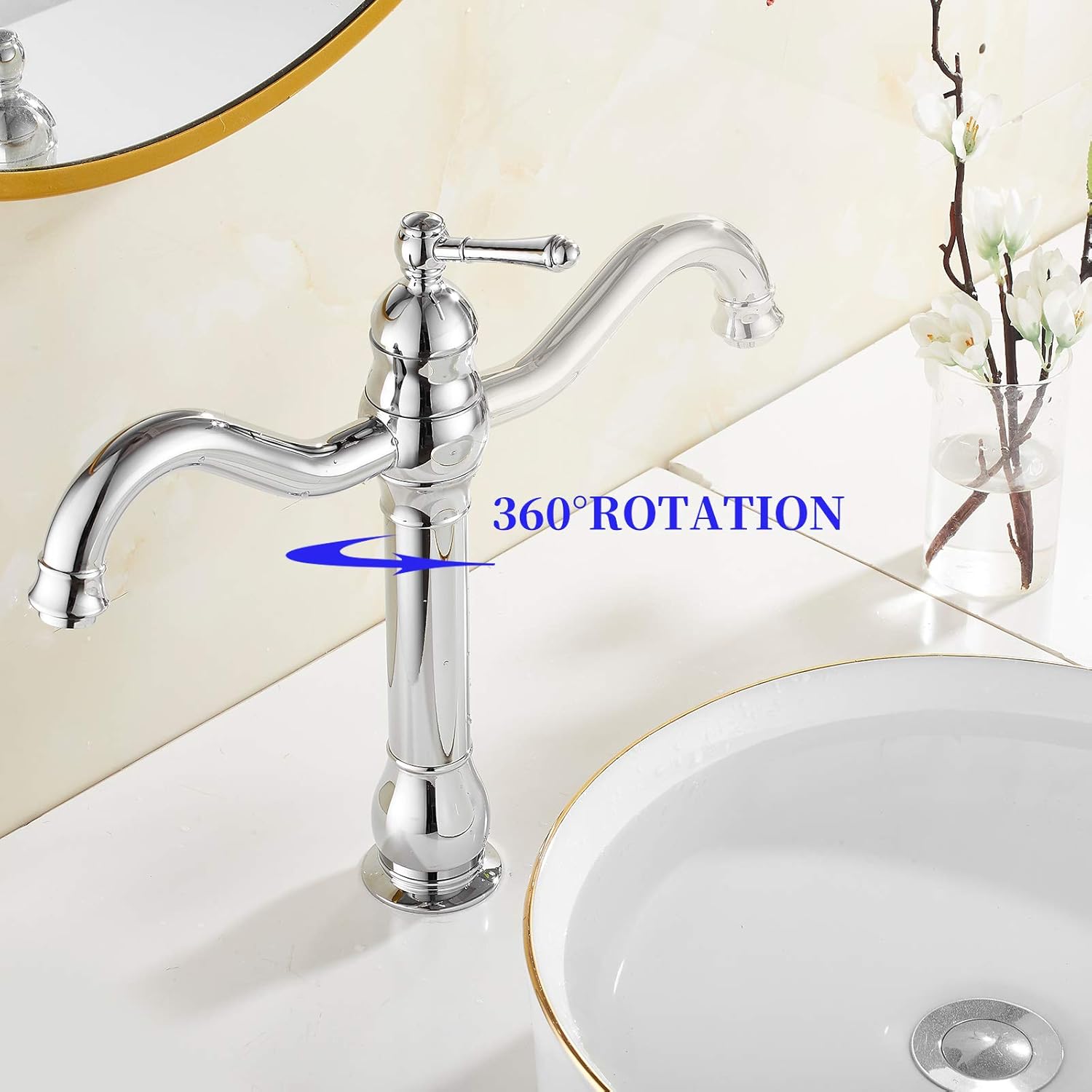 360° Swivel Spout Bathroom Vessel Sink Faucet Chrome Single Handle Tall Body Lavatory Vanity Faucet one Hole Bowl Sink Mixer Tap Commercial