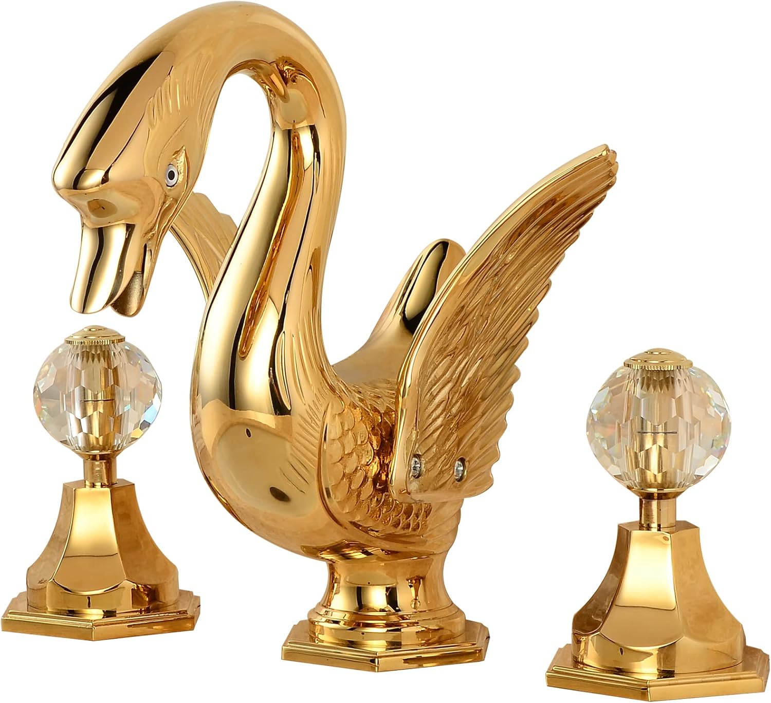 Widespread Bathroom Faucet Swan Design Gold Two Handles 3 Holes 8-16 Inch Bathroom Sink Faucet Lavatory Mixer Tap with Water Supply Hose Deck Mount Bathtub