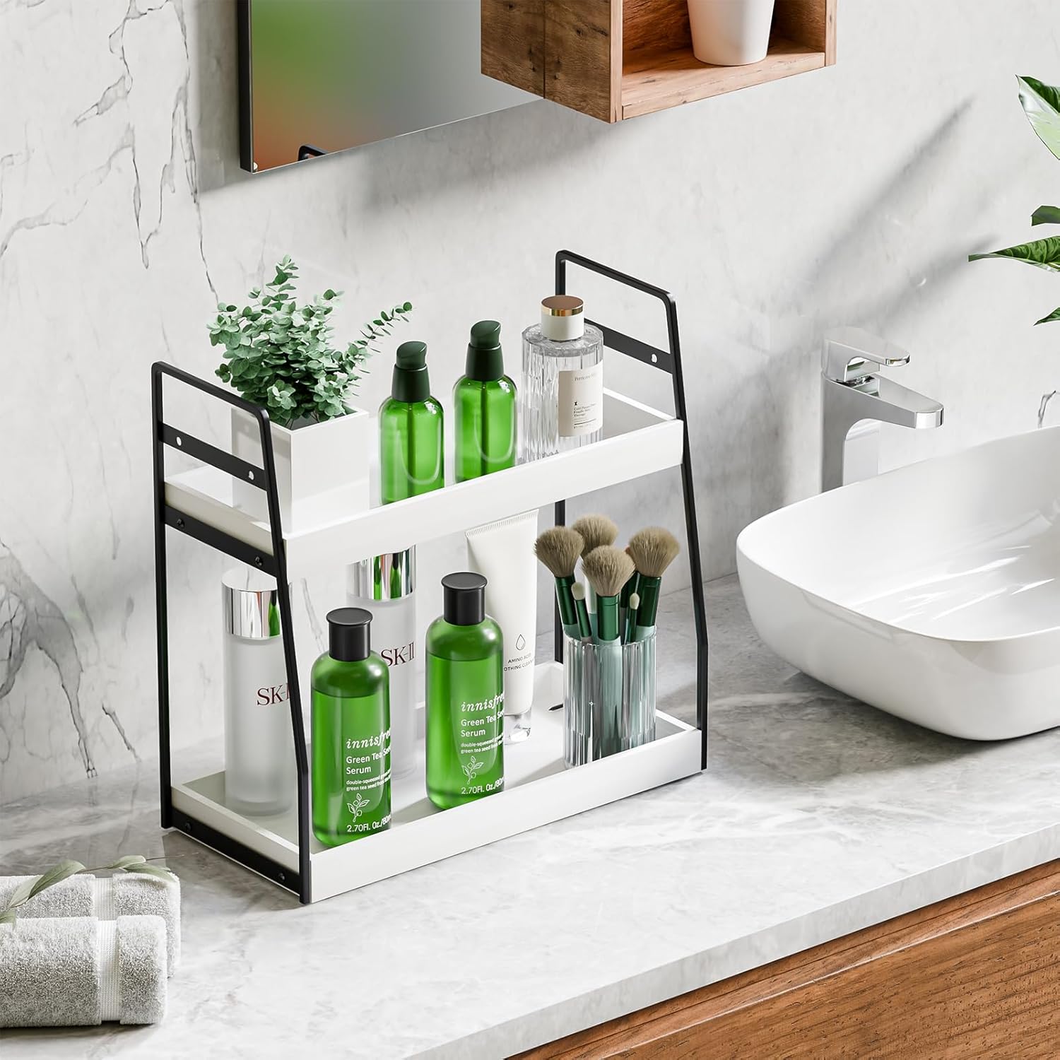 2-Tier Bathroom Organizer Countertop, Wood Bathroom Counter Organizer and Storage, Bathrom Corner Sink Vanity Skincare Organizer Shelf with Hooks, White