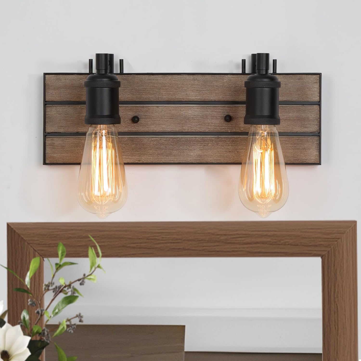 2 Light Vanity Lights for Bathroom, 13.8-Inch Rustic Faux Wood Bathroom Lighting Lights Over Mirror