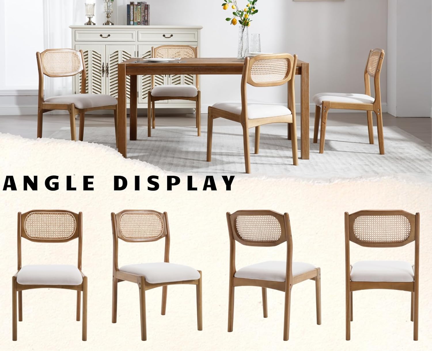 Modern Mid Century Wood Dining Room Chairs with Cane Back Upholstered Linen Kitchen Side Chairs