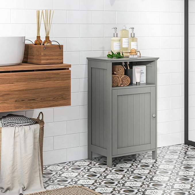 Bathroom Storage Cabinet, Freestanding Wooden Bathroom Floor Cabinet with Door, Open Shelf