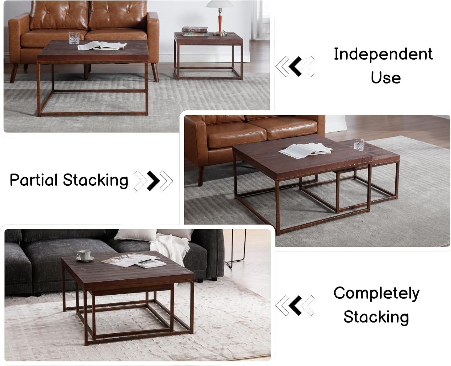 Nesting Coffe Table Set of 2 Industrial Square End Table Modern Stacking Side Tables with Wooden Tabletop and Metal Base Living Room Accent Tables