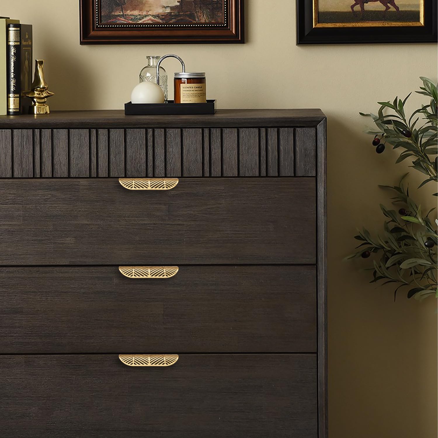 Solid Brass Cabinet Handles Brushed Gold Leaf Knobs and Pulls for Dresser Drawer Handles Edge Pulls,4-5/8"(117mm) Overall Length,4Pcs