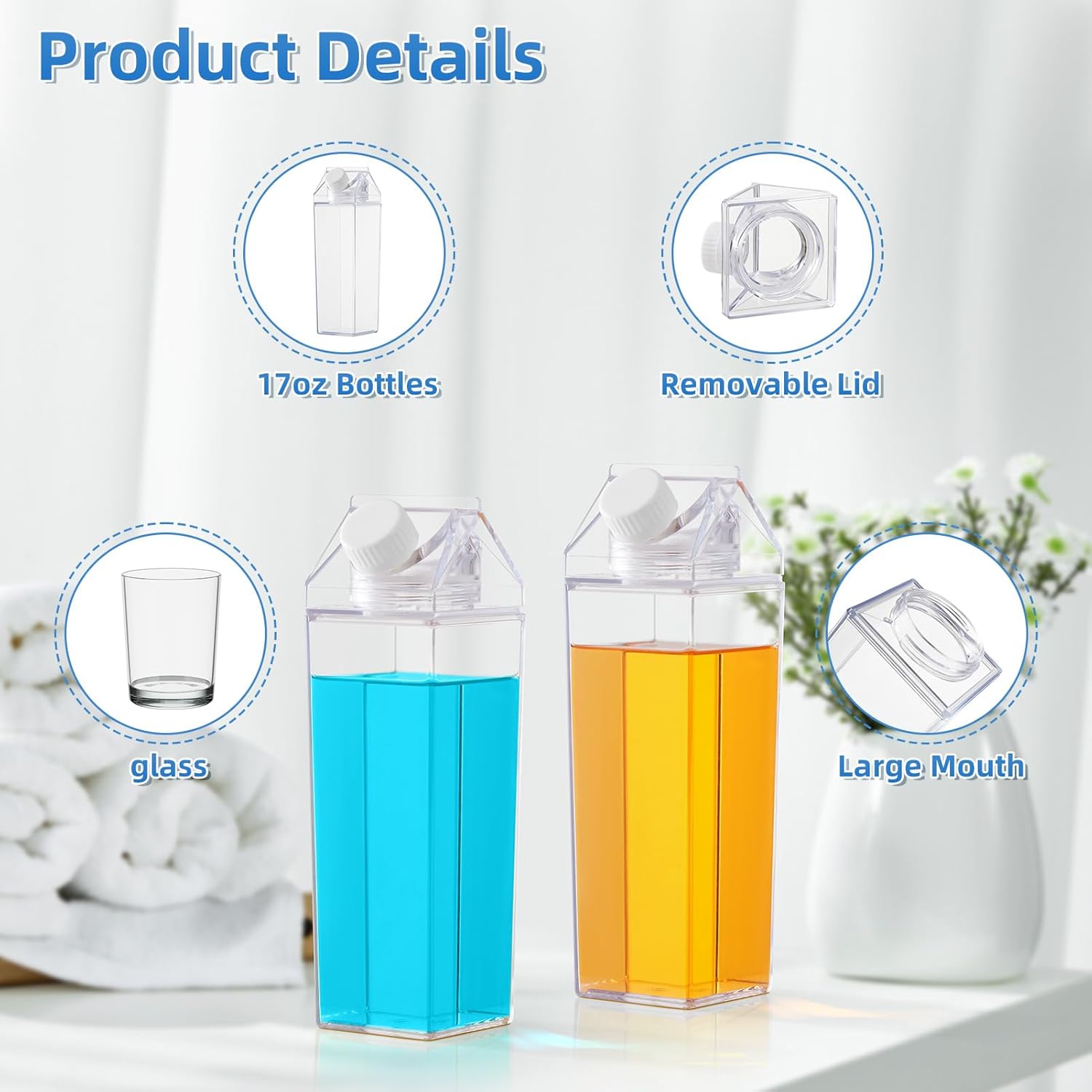 Plastic Mouthwash Dispenser for Bathroom, Mouth Wash Container with 2 Glass Cups, Lid 17OZ Clear Refillable Mouthwash Bottle Decanter, Set of 2, Square