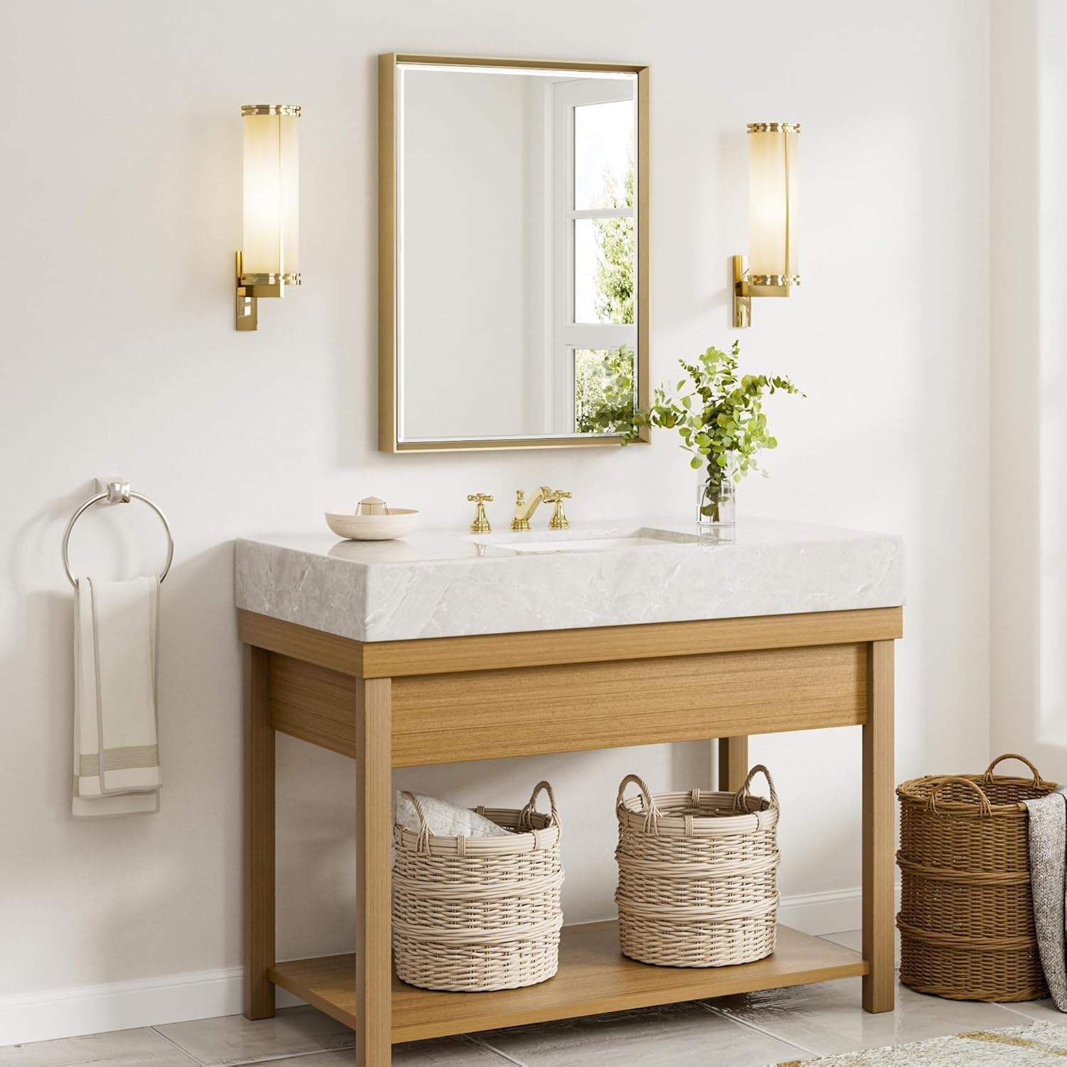 Gold Bathroom Mirror, 24x32 Brushed Gold Bathroom Mirror Beveled Edge, Gold Framed Rectangle Bathroom Vanity Mirror