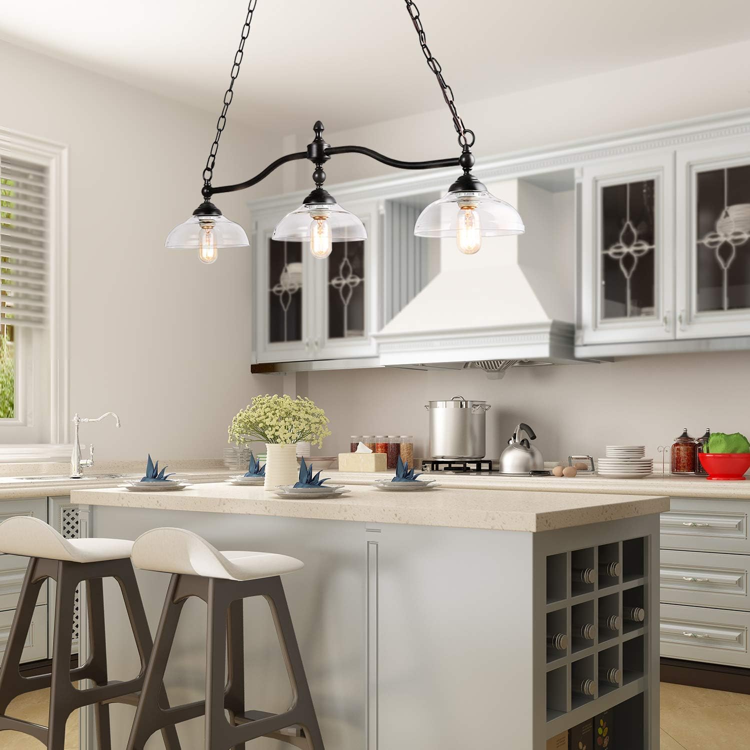 Dining Room Light Fixture Hanging with Seeded Glass Shades and Imitation Electroplated Copper Craft for Kitchen Island