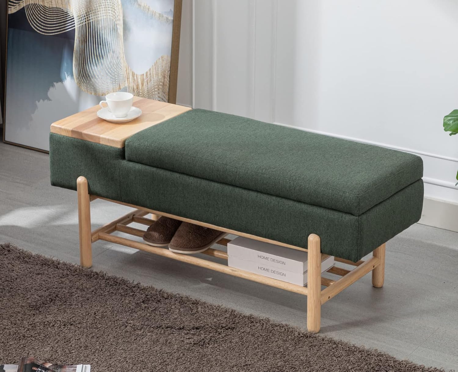 Modern Storage Bench for Bedroom End of Bed Sherpa Upholstered Ottoman Bench with Storage and Wood Shoe Rack Farmhouse Long Seating Bench