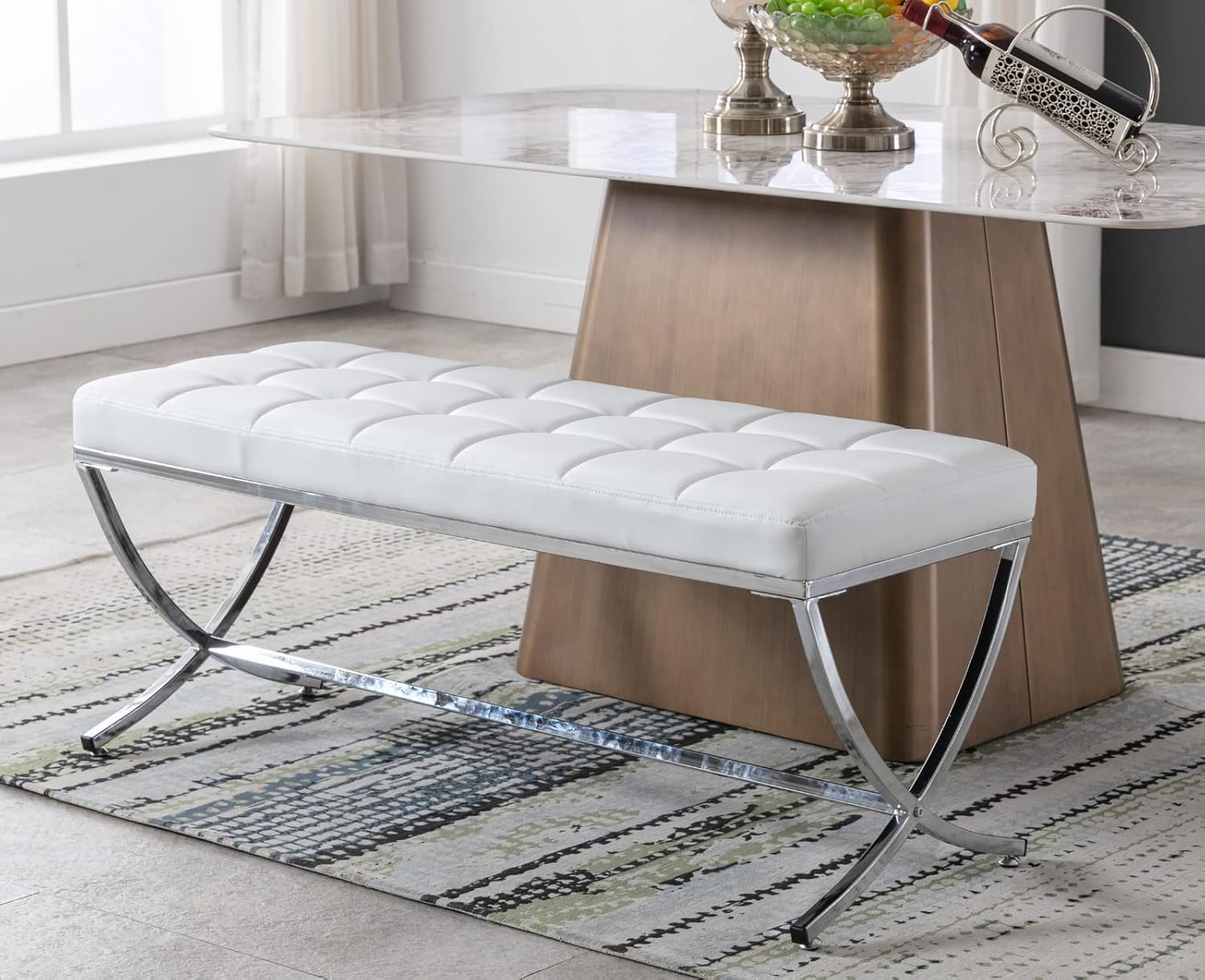 Modern Entryway Bench Leather Upholstered Dining Bench with Metal Base Button Tufted Ottoman Bench with Padded Seat Accent Foot Bench for Bedroom End of Bed/Living Room