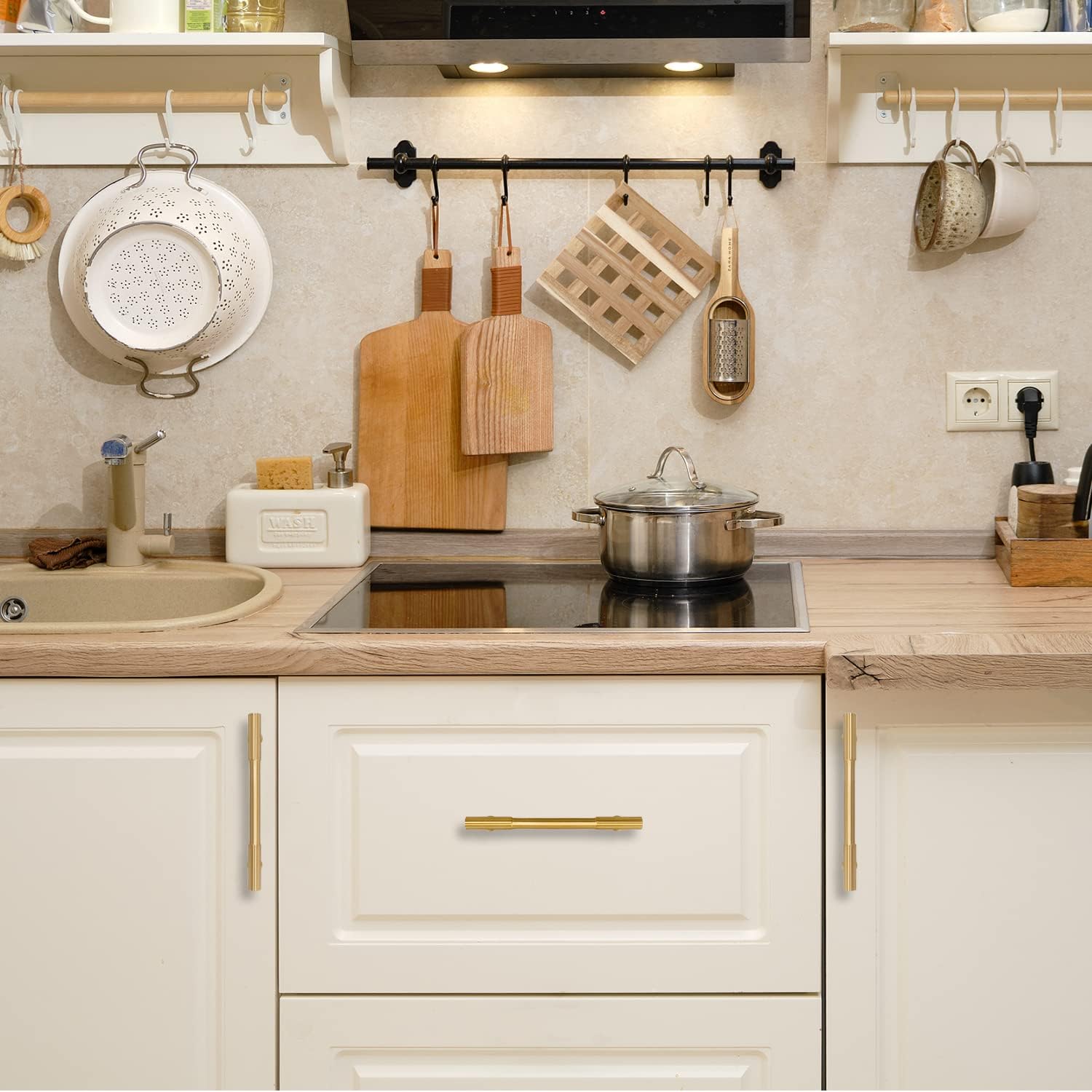 4pcs Solid Brass Gold Cabinet Pulls, 3-3/4-Inch Hole Centers for Kitchen Cupboard Handles Modern Drawer Dresser Pulls Bathroom Brushed Brass Cabinet Pulls Wardrobe Door Handles