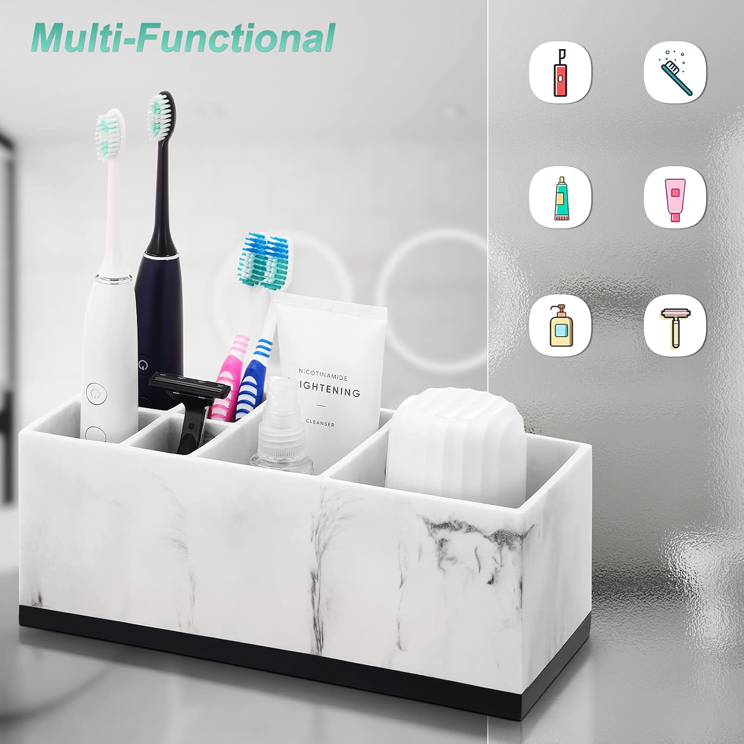 Toothbrush Holder for Bathroom, Bathroom Organizer Countertop, Rectangle 6 Compartment Bathroom Accessories