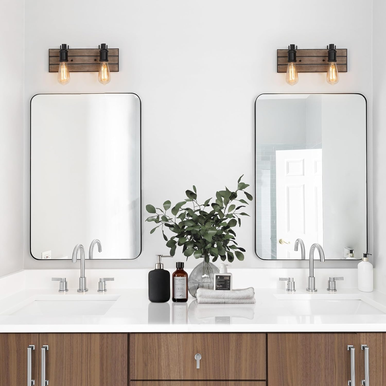 2 Light Vanity Lights for Bathroom, 13.8-Inch Rustic Faux Wood Bathroom Lighting Lights Over Mirror