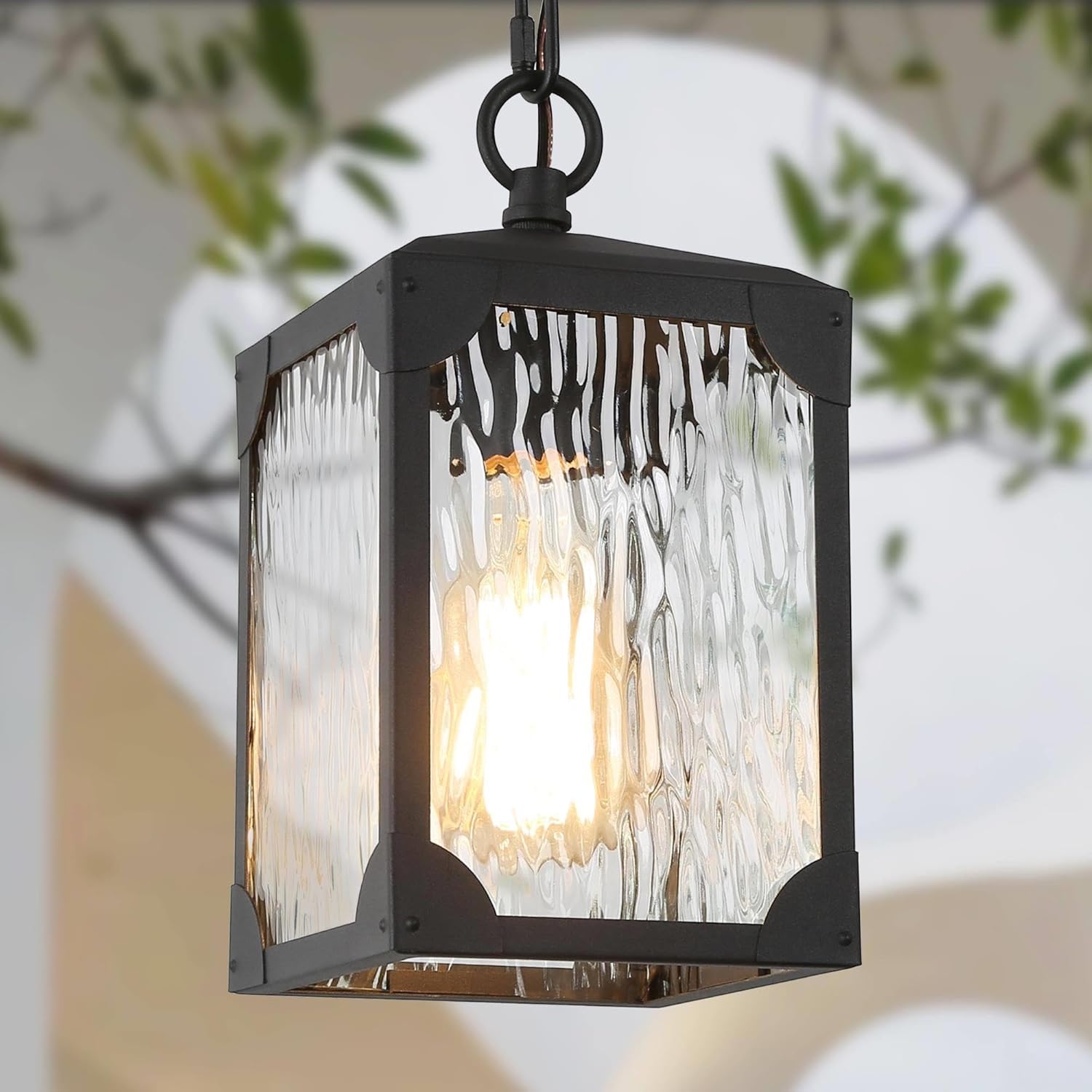 Farmhouse Exterior Lights, Anti-Rust Ceiling Outdoor Light with Water Ripple Glass, Square Hanging Lantern