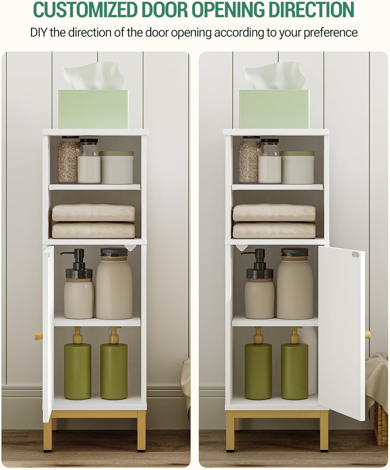 Bathroom Storage Cabinet, Corner Floor Cabinet with Door & Shelves, Customized Door Opening Direction